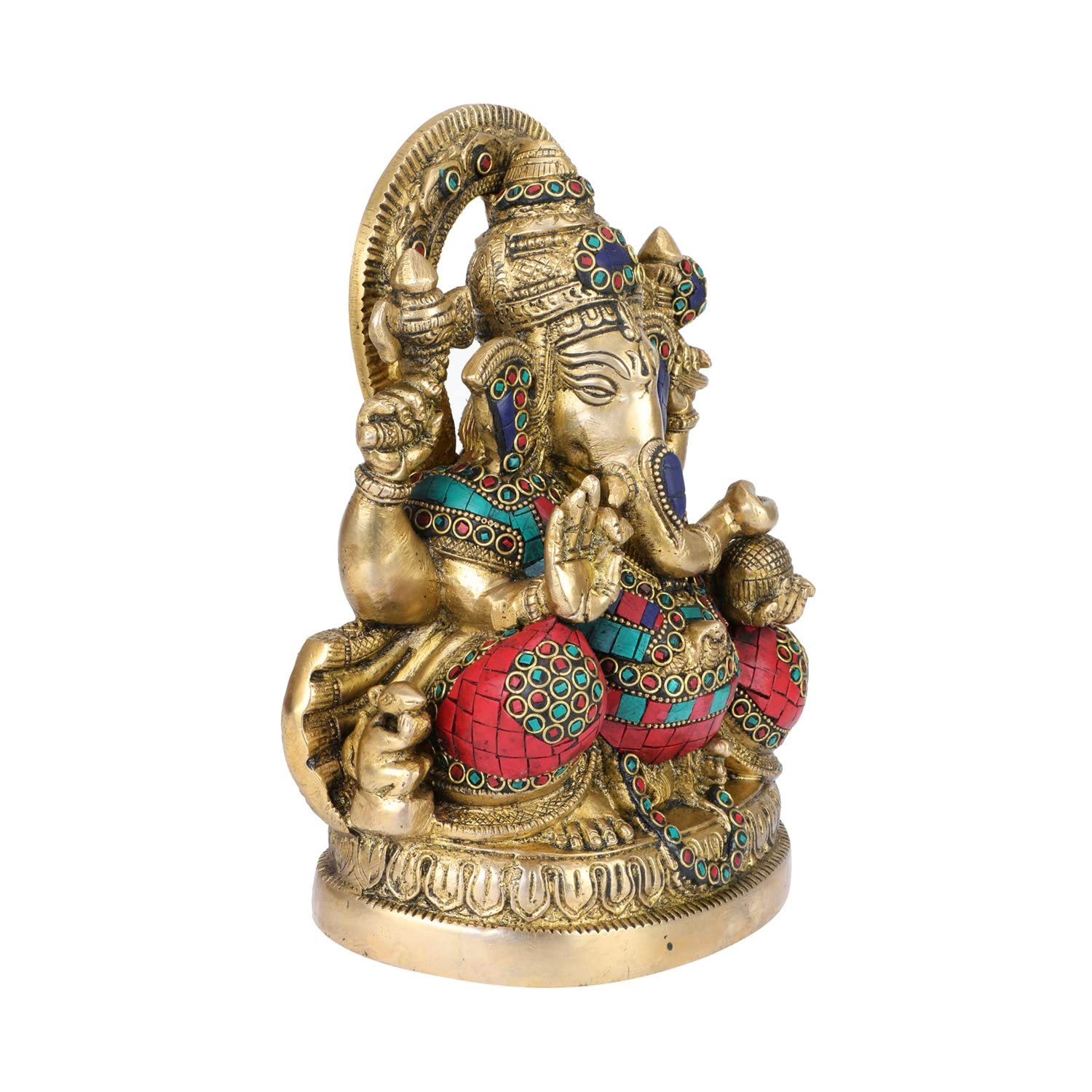 Kartique Brass Ganesh Bhagwan Idol Ganesha Statue Ganpati Murti On Round Base With Multicolor Stone Work