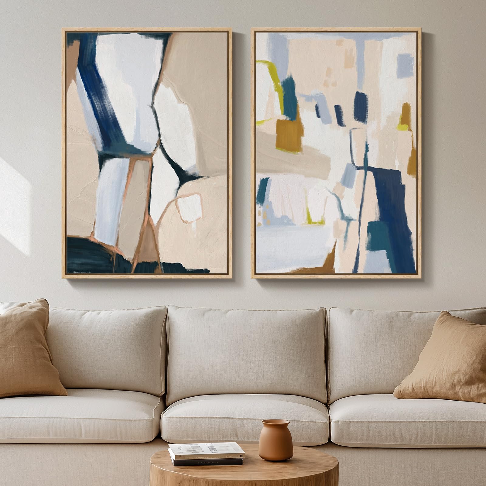 Large Framed Neutral Abstract Wall Art For Living Room, Set Of 2 Bright Modern Canvas Prints Paintings Artwork For Walls, Colorf