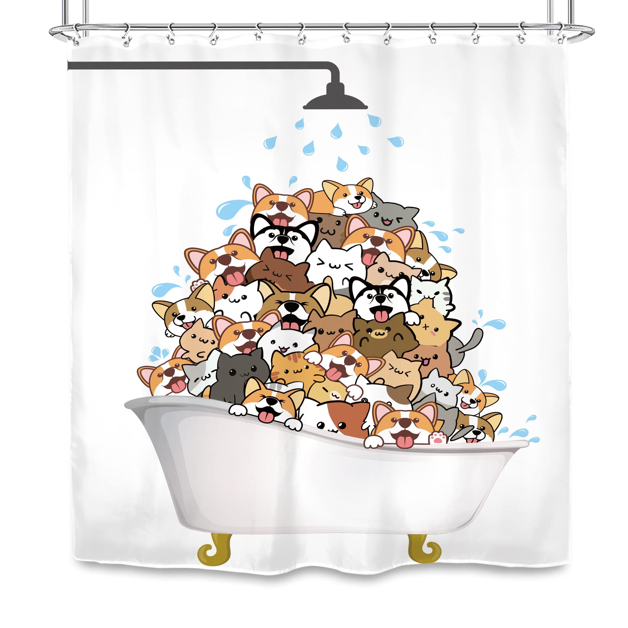 SVBright Cats and Dogs?hower Curtain Raining Kids Cartoon Corgi Cute Animal 72Wx72L Inch Hilarious Pets Playing Water?2 Pack Hooks Polyester Waterproof Fabric Bathroom Bathtub Panels