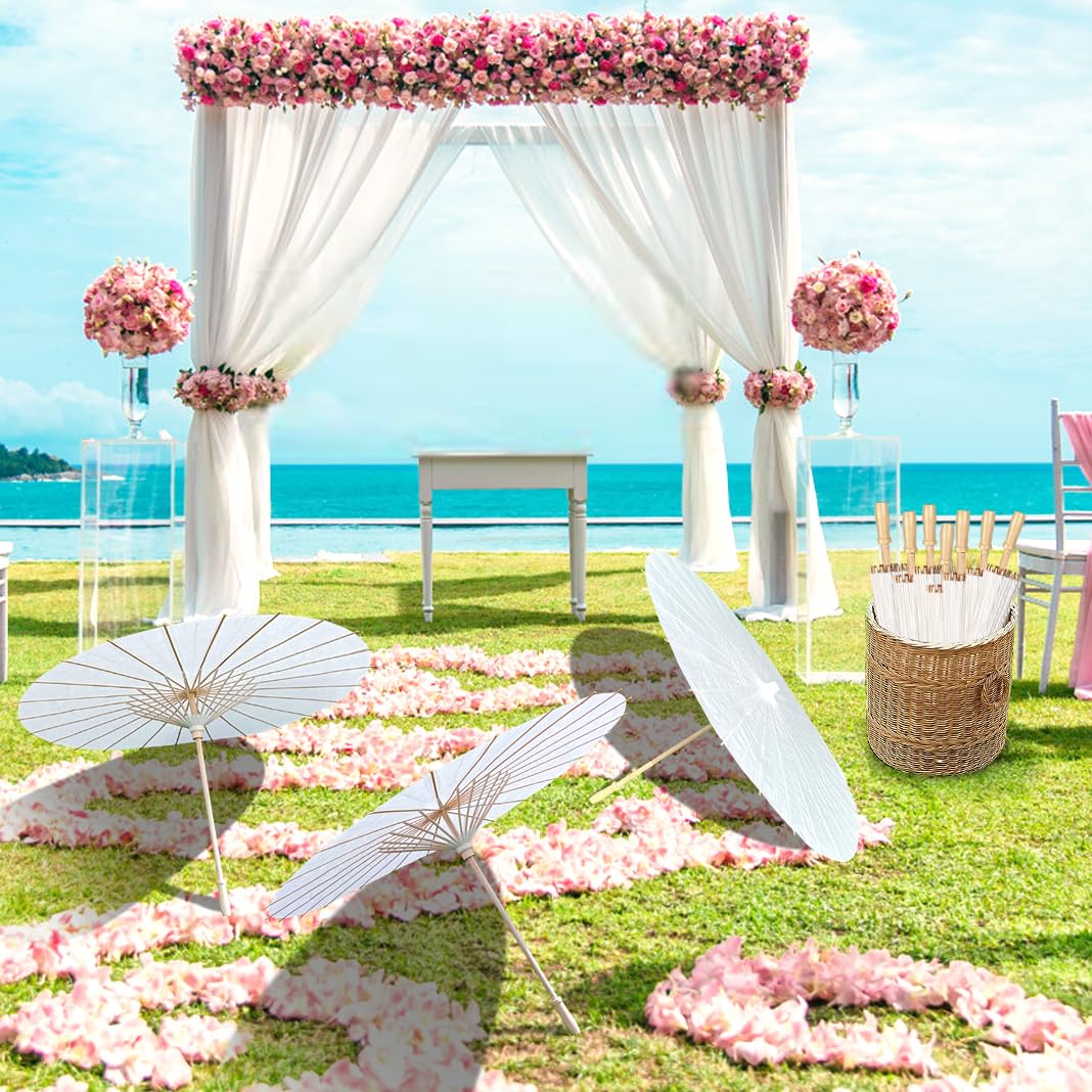 32 Pieces 33 Inches White Paper Umbrellas Chinese Japanese Oiled Paper Umbrella Large Paper Parasol Umbrella Diy Painting Oiled