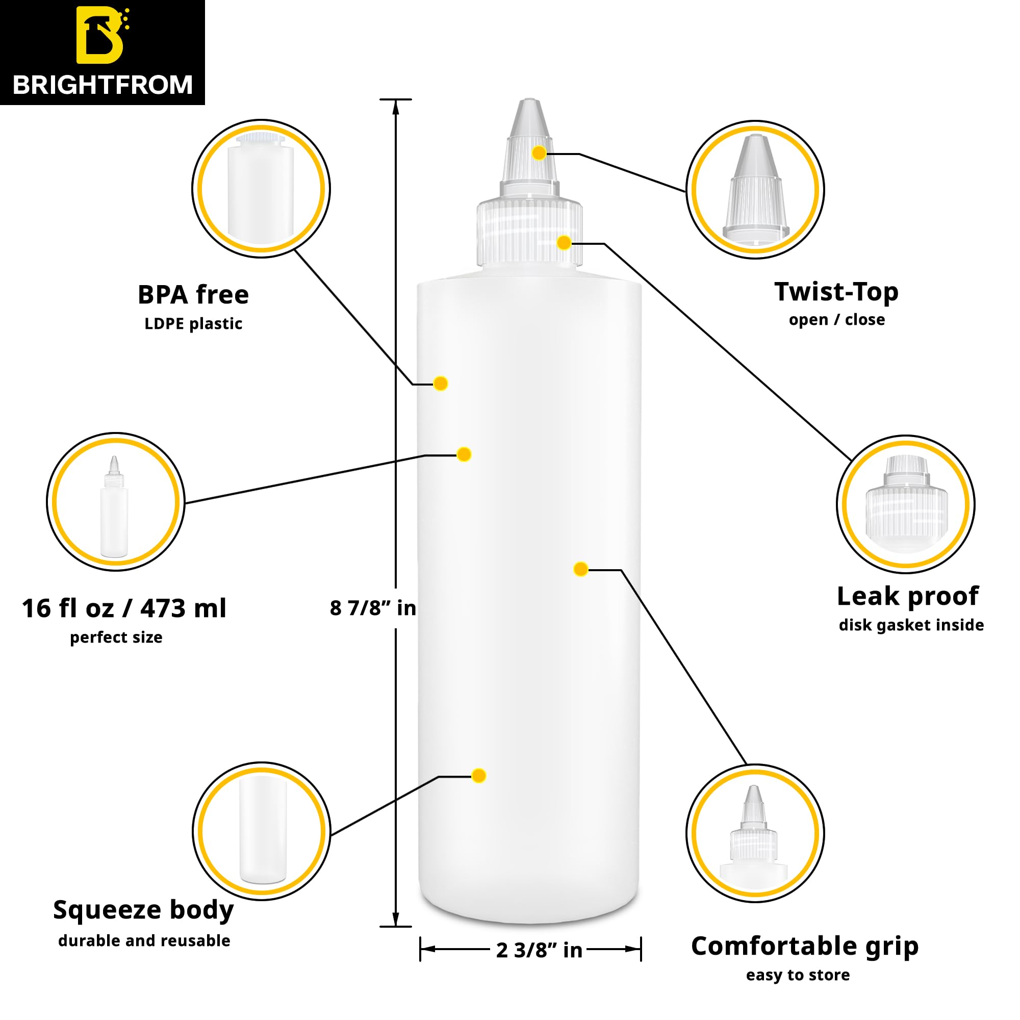 Brightfrom Condiment Squeeze Bottles, 16 Oz Empty Squirt Bottle, Clear Twist Top Cap, Leak Proof - Great For Ketchup, Mustard, S