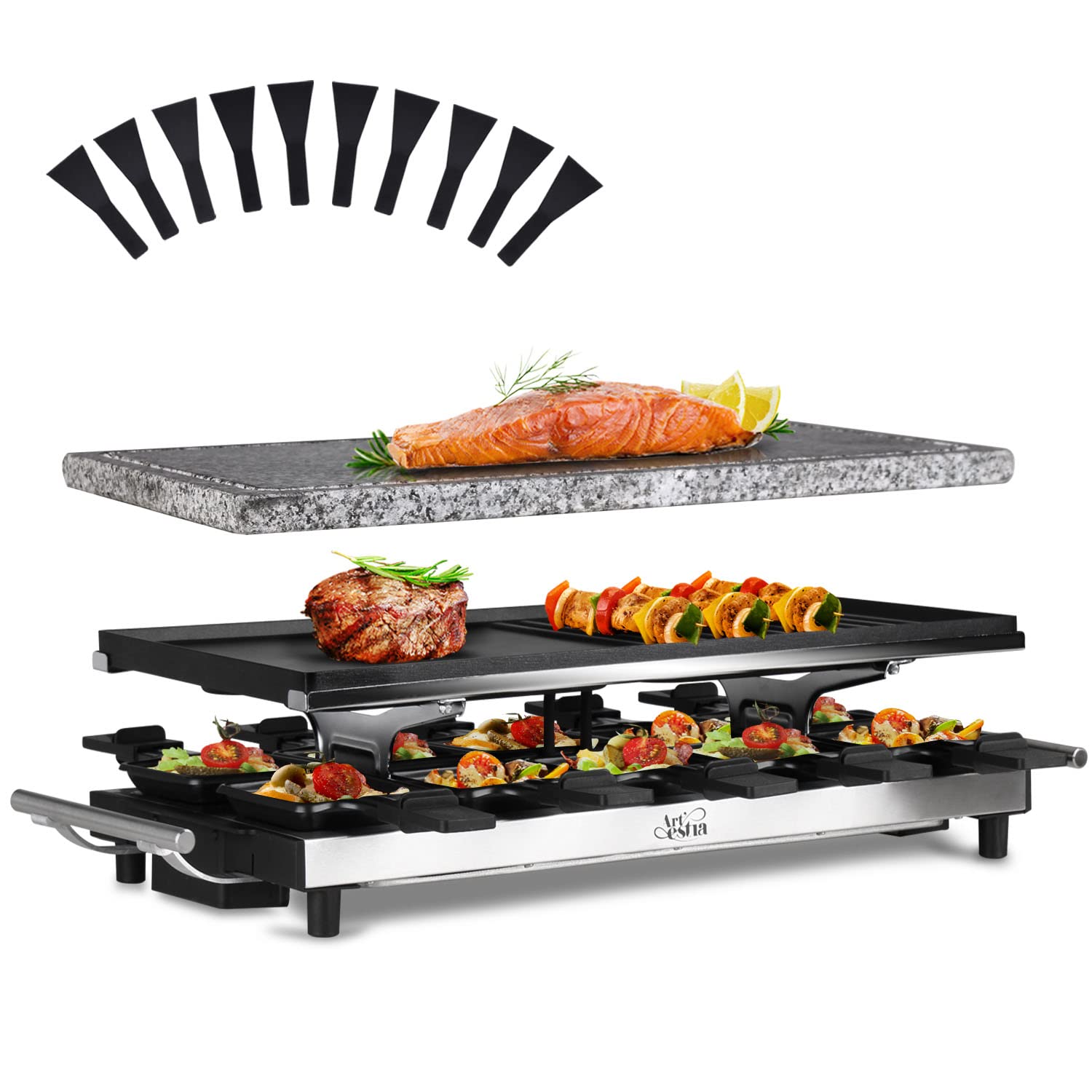 Artestia Raclette Table Grill,1500W Raclette Cheese Grill,10 Paddles Korean Bbq Grill, Cheese Raclette with Grill Stone and Non-
