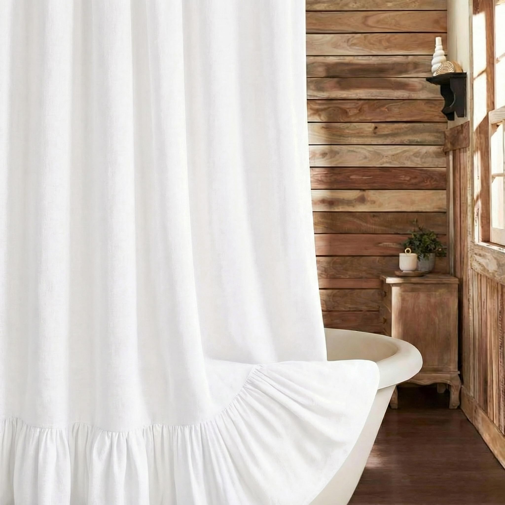 Xoguibo Farmhouse Shower Curtain With Ruffle Hem Linen White Shower Curtains For Bathroom Country Vintage Rustic Natural Fabric,