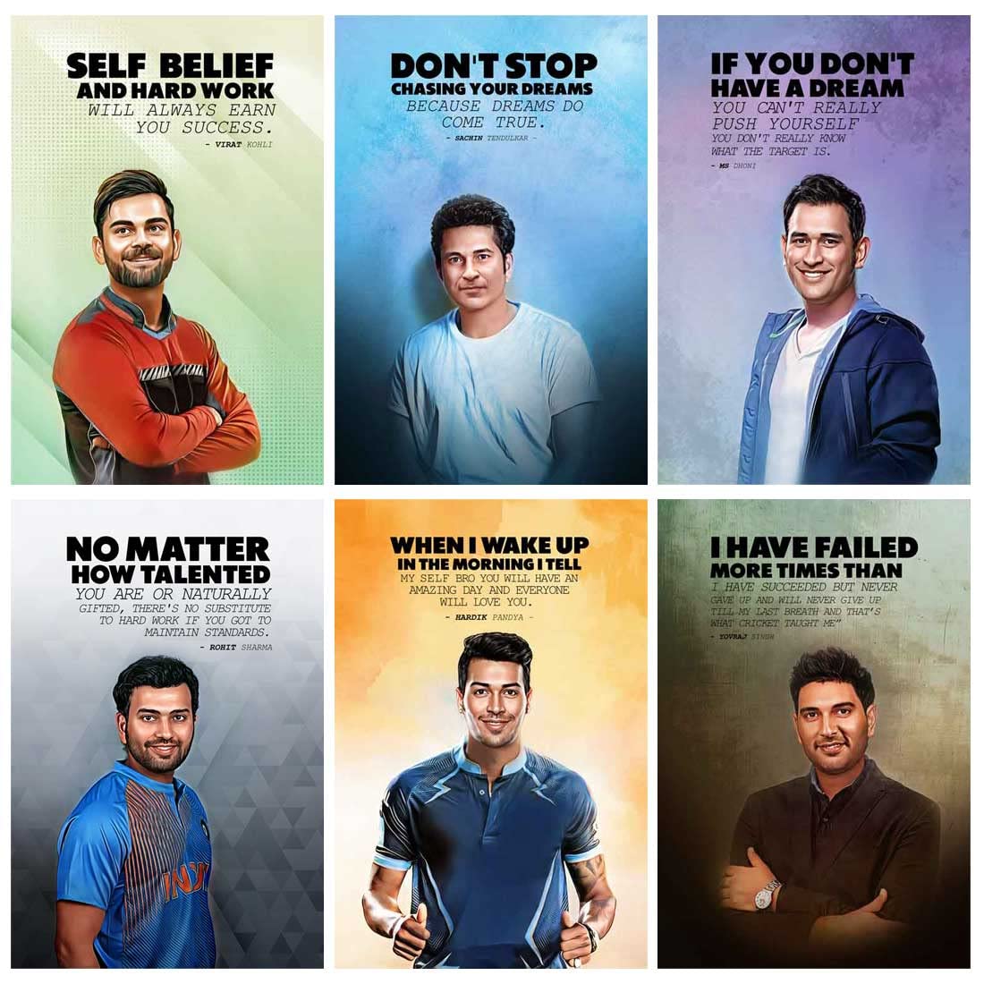 Cricket Motivational And Inspirational Quotes Posters (Virat, Ms Dhoni, Sachin, Rohit Sharma, Hardik, Youraj, For Office, Home A