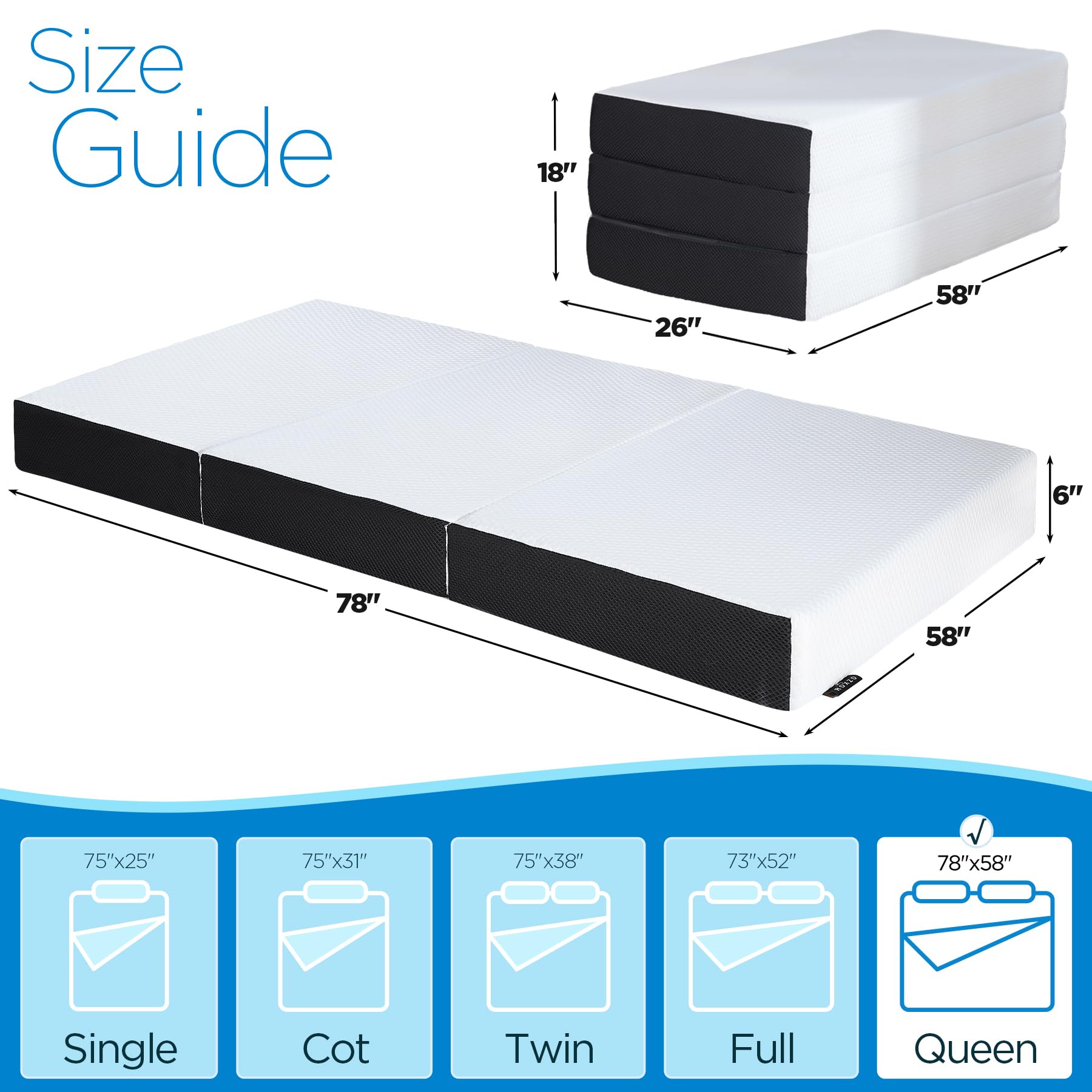 Roxzo Folding Mattress Queen Size,6 Inch Tri-Fold Memory Foam Mattress Topper With Washable Cover, Non-Slip Bottom Mattress Gues