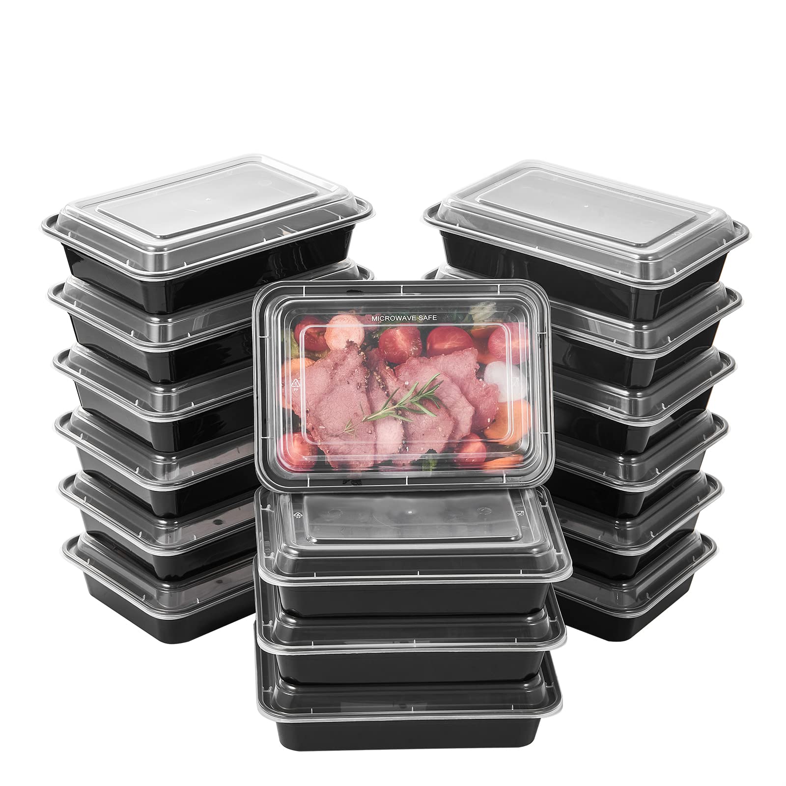 Fuling 50 Pack Meal Prep Plastic Food Storage Containers With Lids 28 Oz 1 Compartment Black Rectangular Reusable To Go Lunch Pr