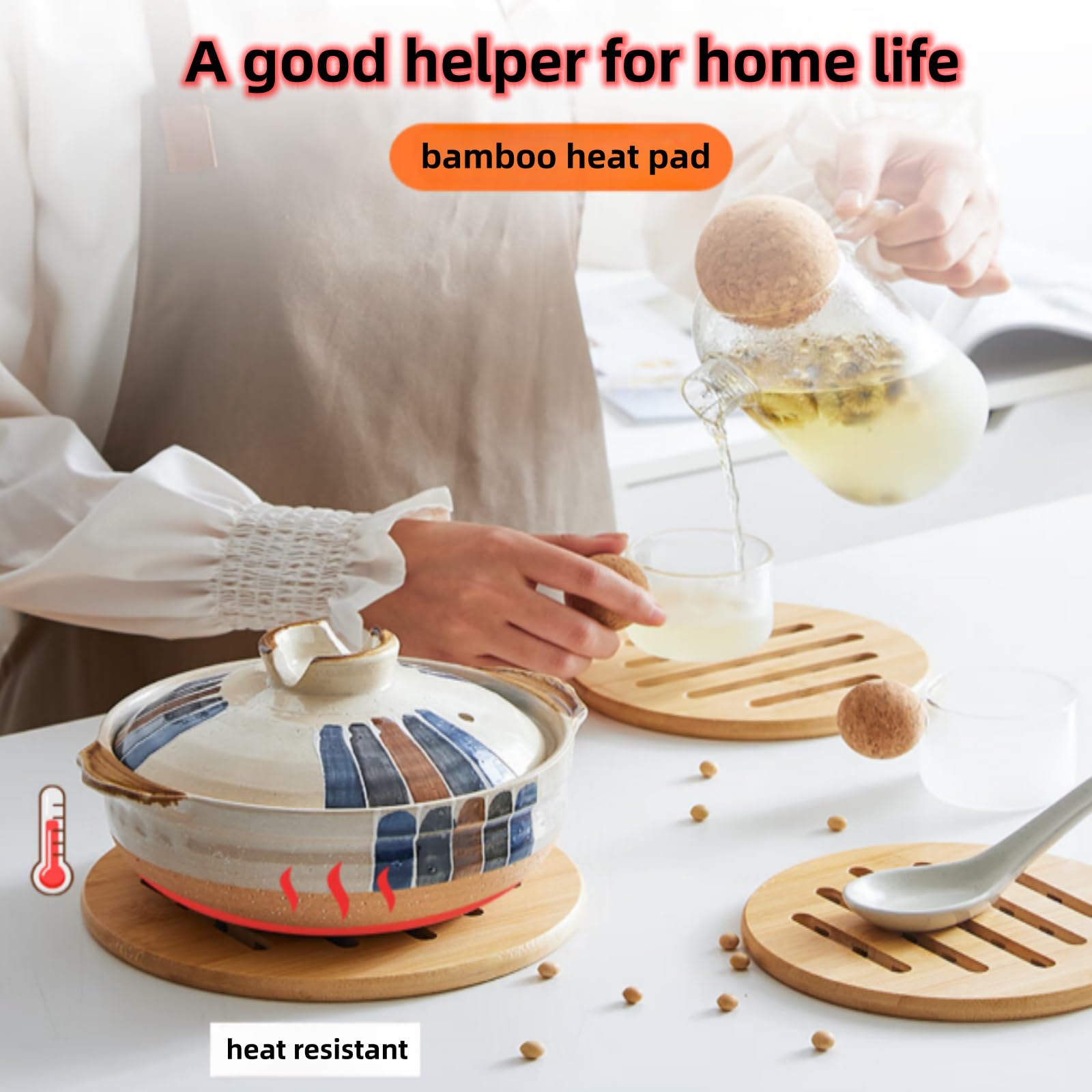 Alfto Bamboo Hot Pads Trivet Set - 4pcs (2 Square, 2 Round), Heat Resistant Non-Slip Pads for Dishes and Pots