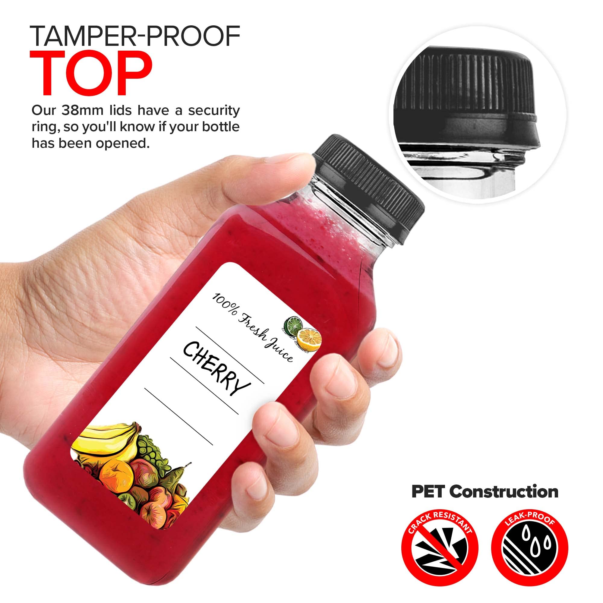 12 oz Juice Bottles with Caps for Juicing (12 pack) - Reusable Clear Empty Plastic Water Bottles - Drink Containers for Mini Fridge  Juicer Shots Includes Labels  Brush & Funnel