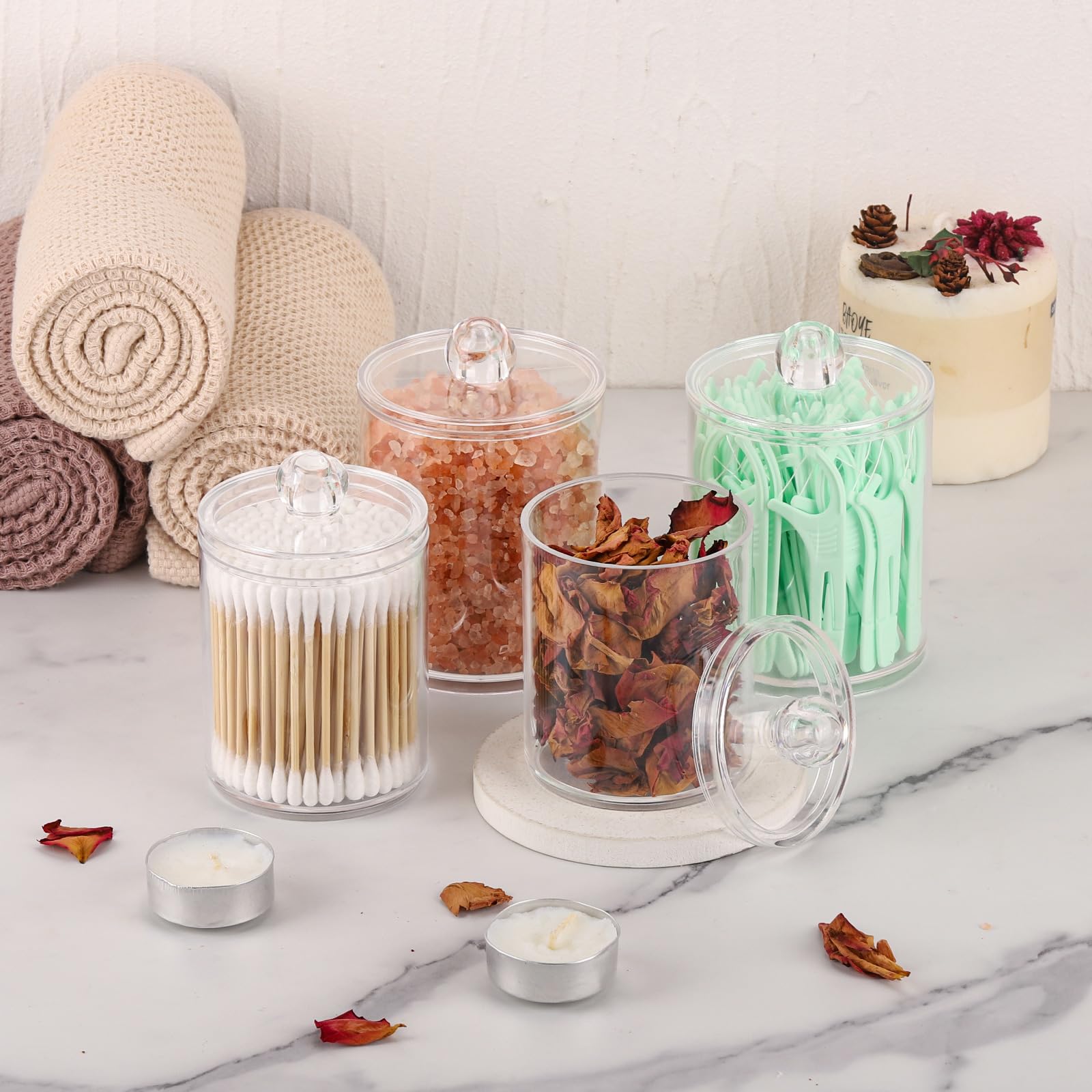 Tbestmax 4 Pack Qtip Holder - Restroom Bathroom Organizers And Storage Containers, Clear Plastic Apothecary Jars With Lids For C
