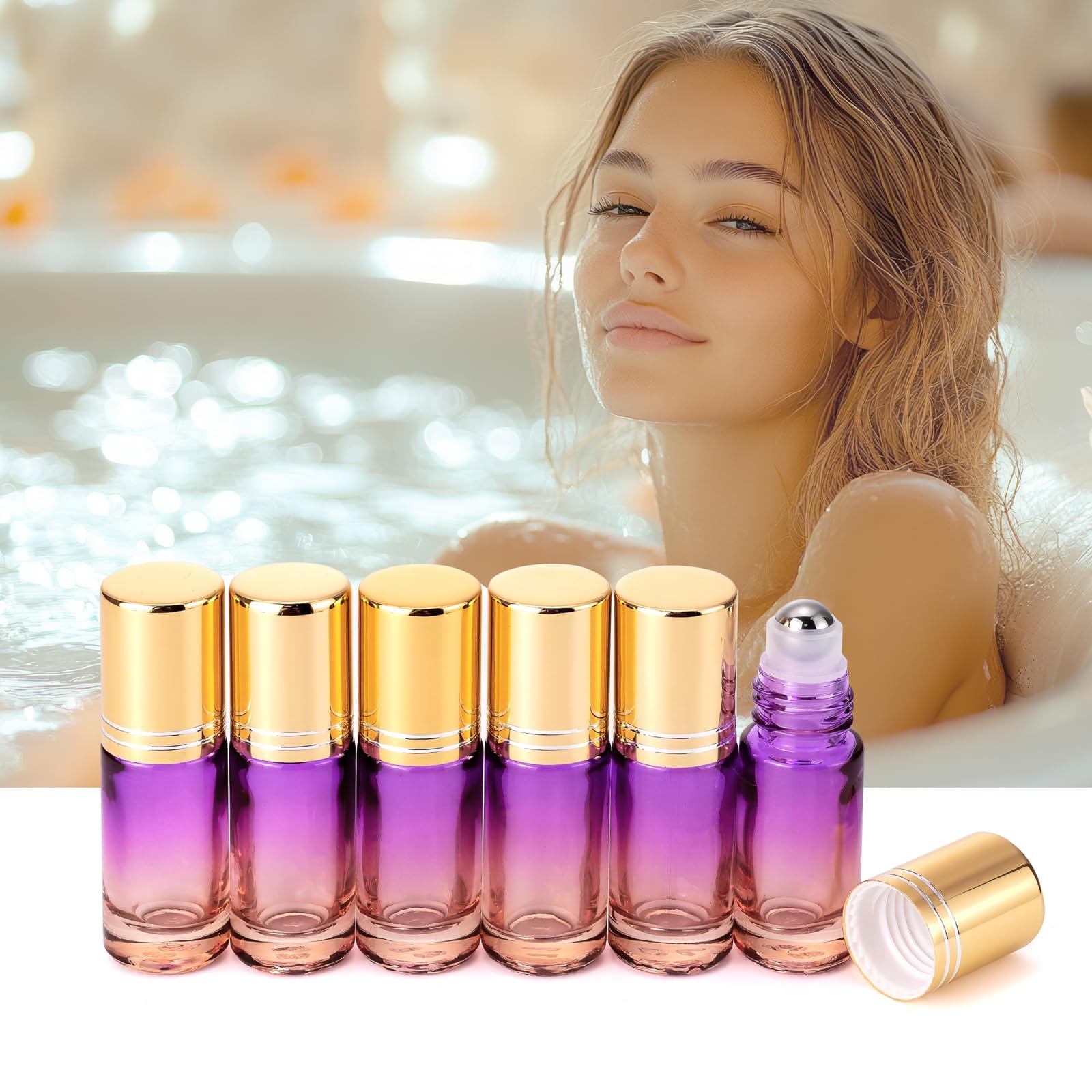 Jiuwu Refillable Essential Oil Roller Bottles Set - 10 Glass Roll-On Bottles For Oils With Stainless Steel Roller Balls, Gold Ca