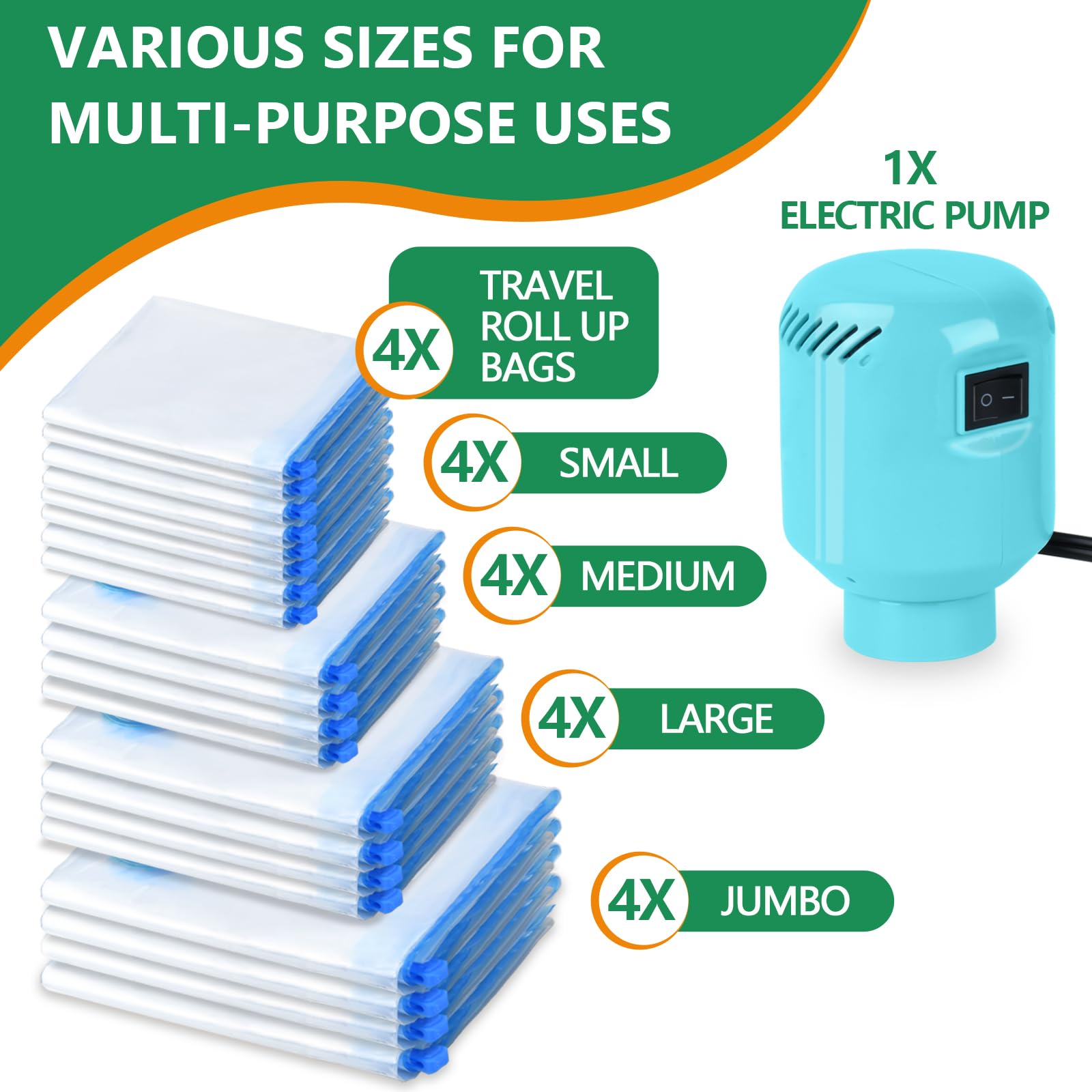 Zpp Vacuum Storage Bags With Electric Pump, 20 Pack (4 Jumbo, 4 Large, 4 Medium, 4 Small, 4 Roll Up Bags) Vacuum Seal Bags For C