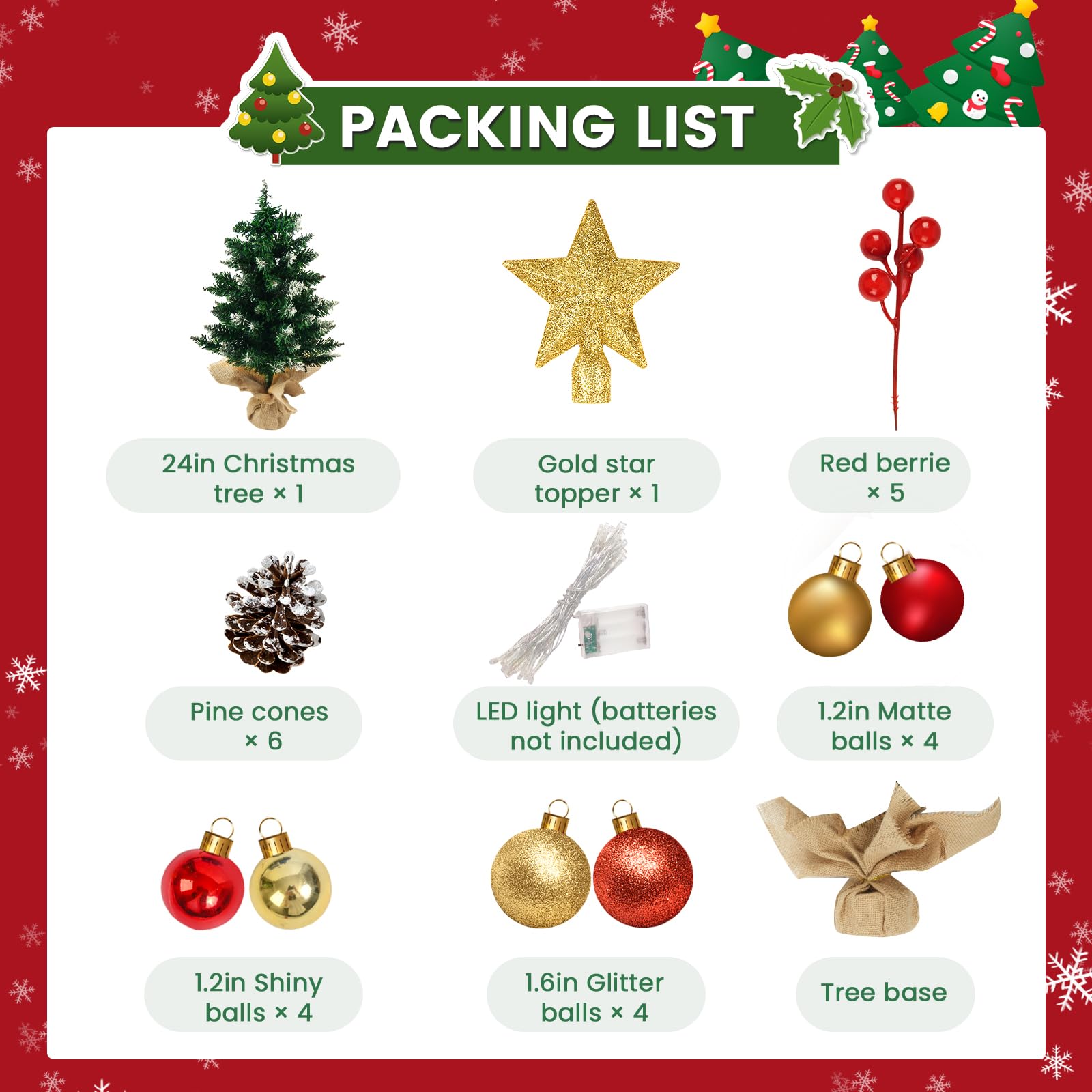 Mini Christmas Tree with Lights, 24 Inch Tabletop Christmas Tree with Berries Star Treetop Ornaments Balls Artificial Small XMS