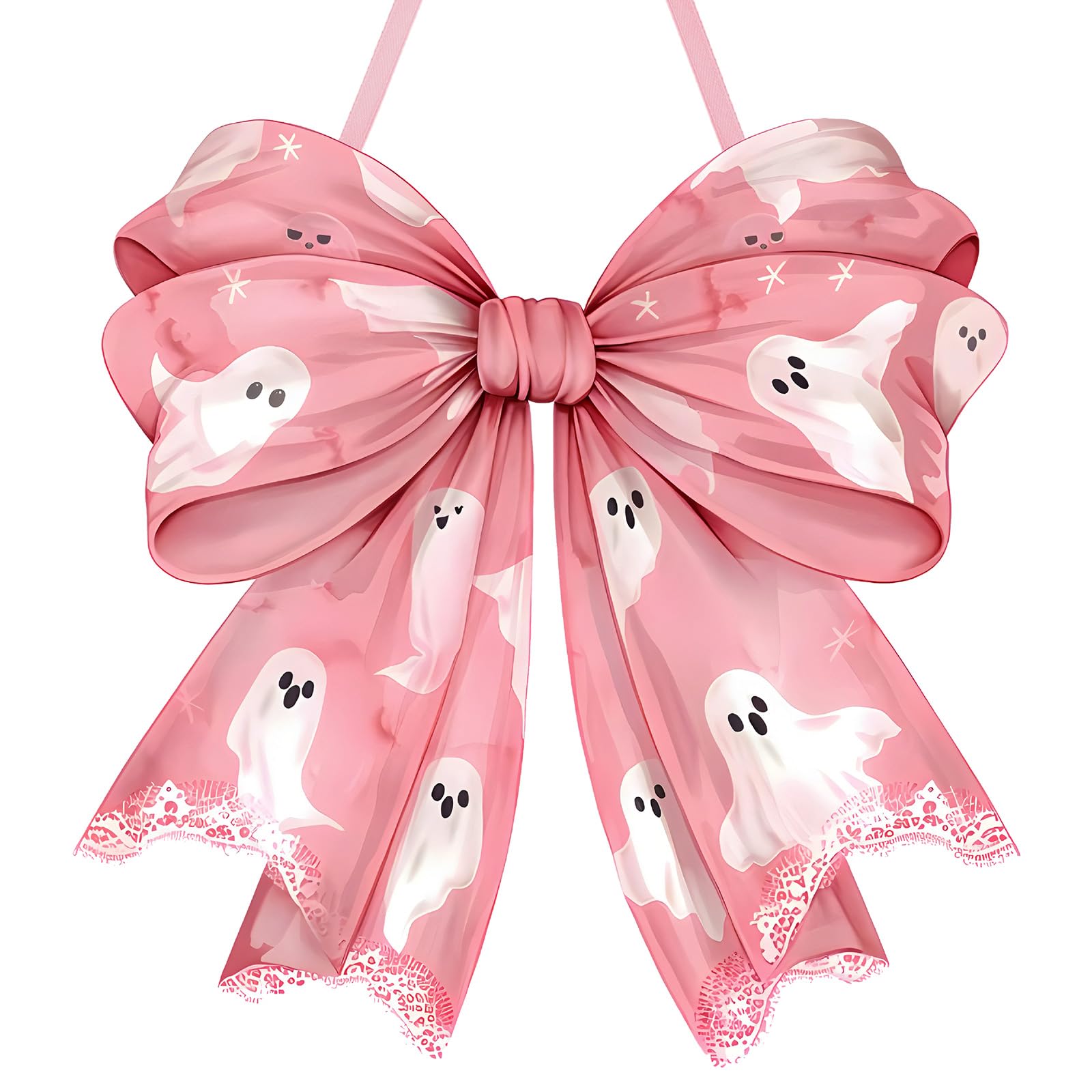 RattanView Pink Halloween Coquette Bows Ghost Wooden Hanging Sign Spooky Season Aesthetic Coquette Halloween Wall Art Bowknot We