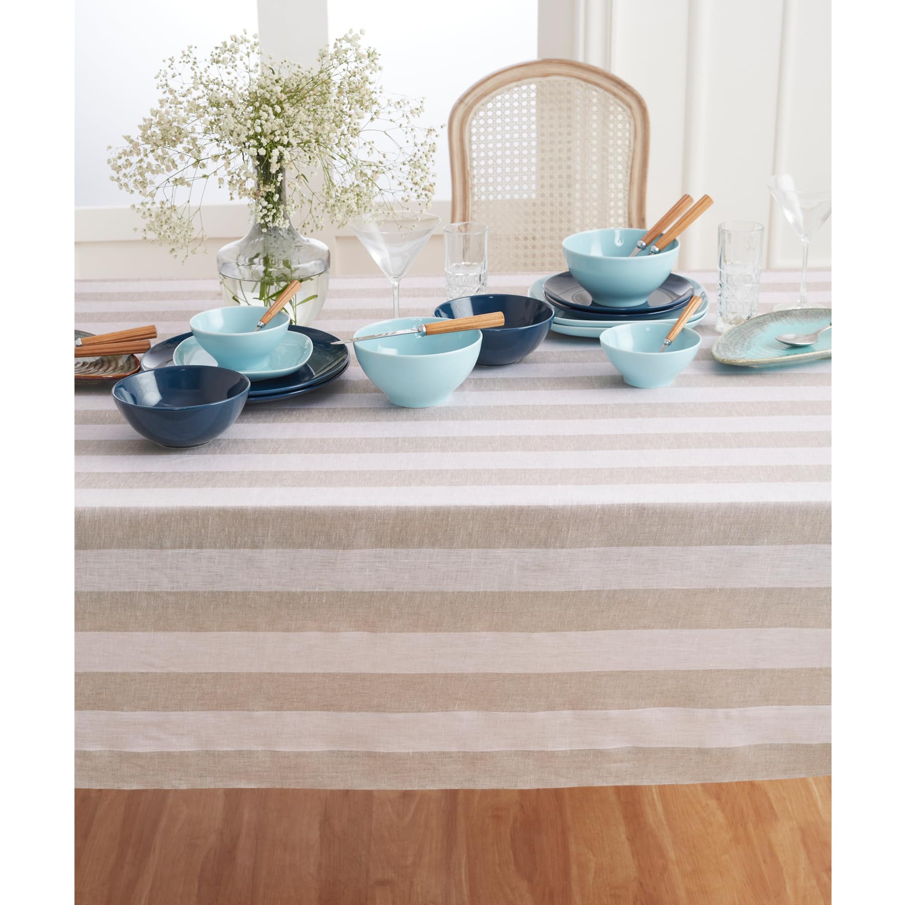 Solino Home Cabana Stripe Linen Tablecloth 120 '' L X 60 '' W Inch - 100% Pure Linen Natural And White Tablecloth - Machine Wash