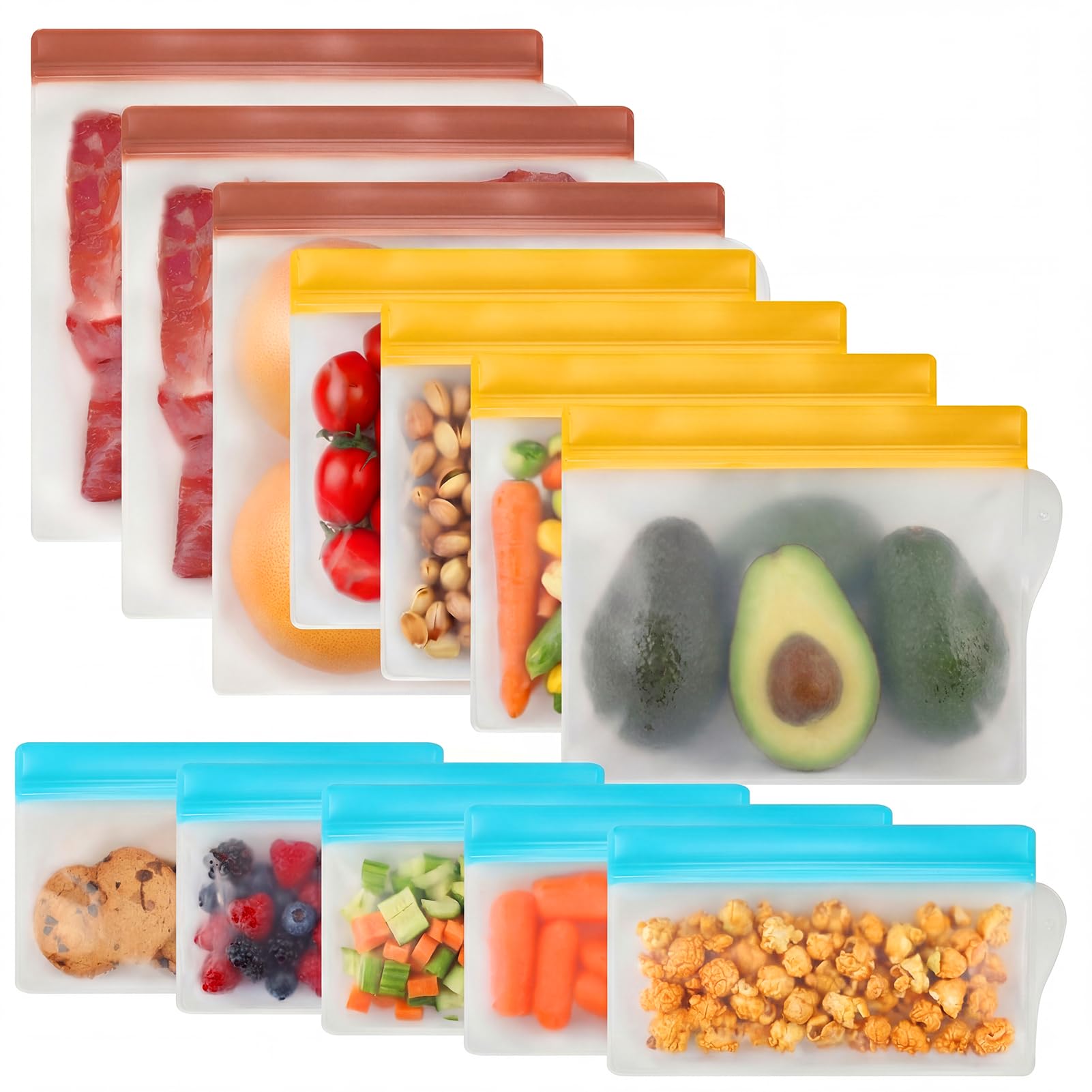 RLAVBL 12 Pack Reusable Freezer Bags, Leakproof Food Storage Bags for Vegetable, Liquid, Snack, Meat, Sandwich - 3 Gallon 4 Sand