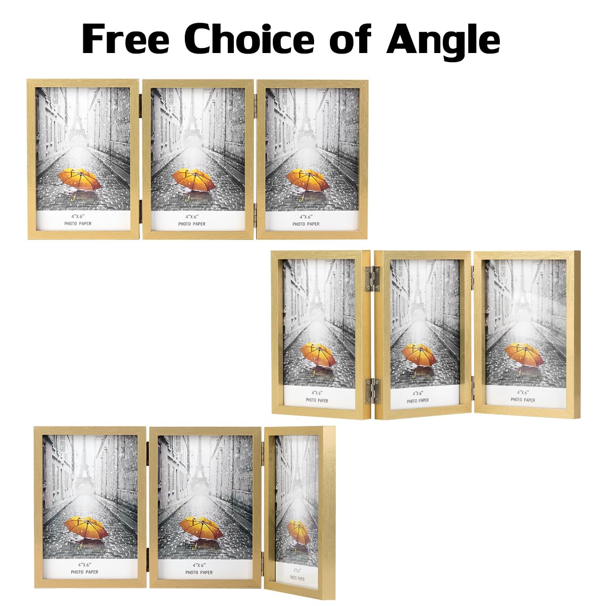 3 Picture Frame 4x6 Golden Triple Hinged MDF Wood with Glass Front Three Opening Photo Frame Stand Vertical on Tabletop