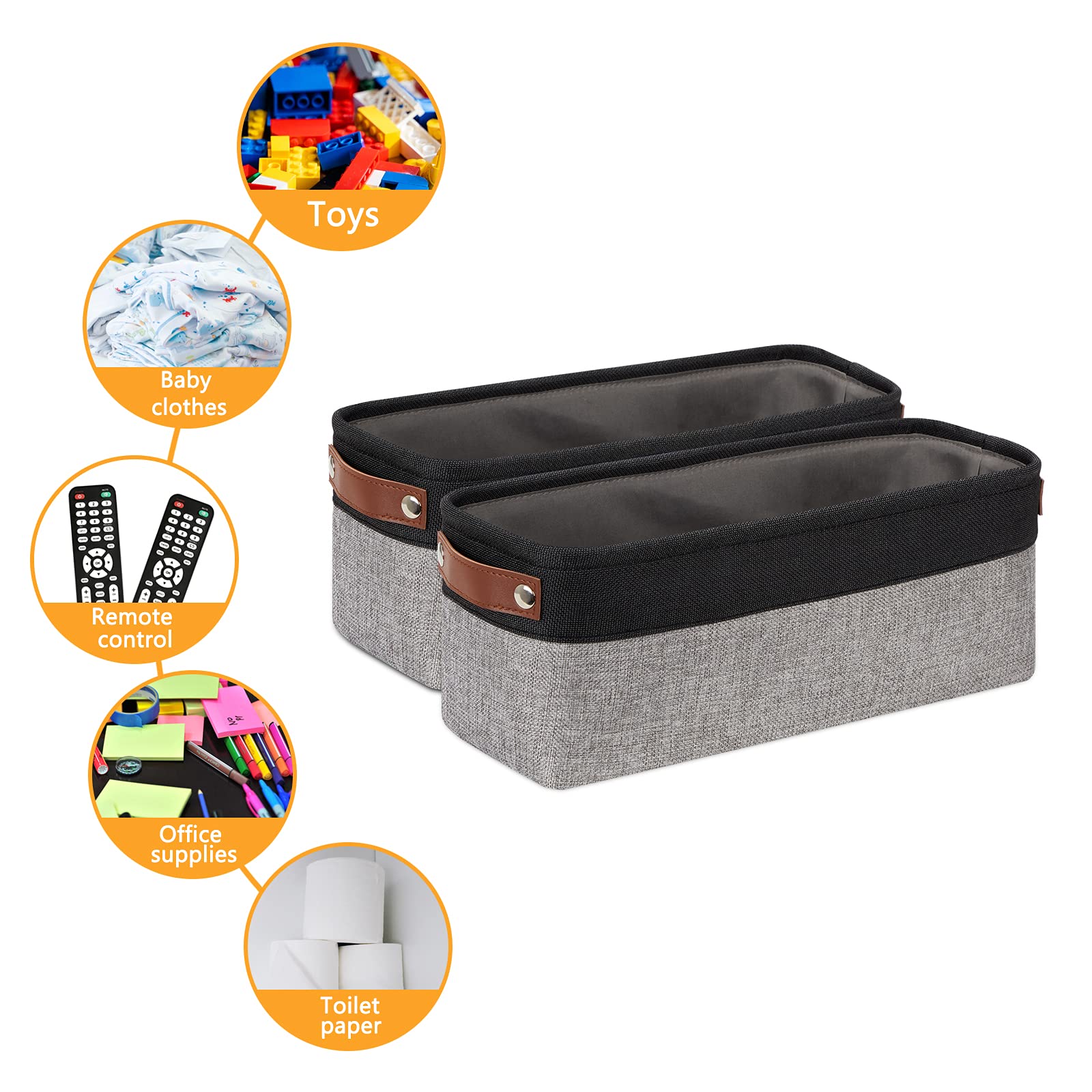 DULLEMELO Small Bathroom Baskets for Toilet Fabric Storage Baskets 2 Pack - 15''x6''x5.5'' Foldable Fabric Organizer for Storage Decorative Storage Bins for Home Closet(Black&Grey)