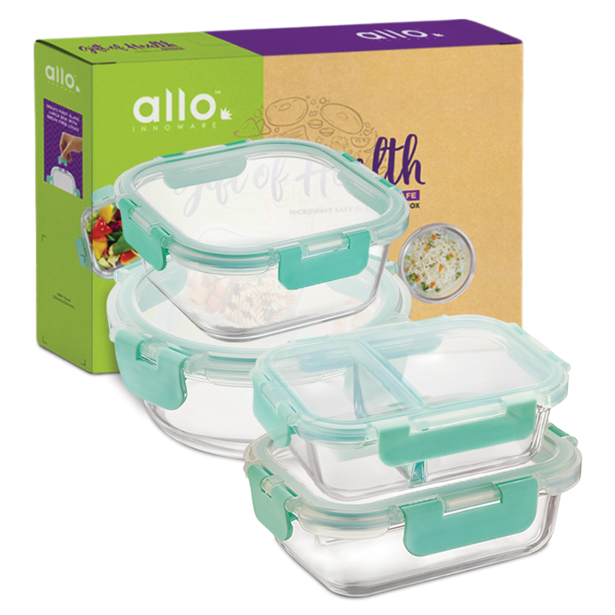 Allo Foodsafe Glass Containers With Lids For Food Storage | Gift Box Set Of 4 | Borosilicate Oven & Microwave Safe, Leakproof | 