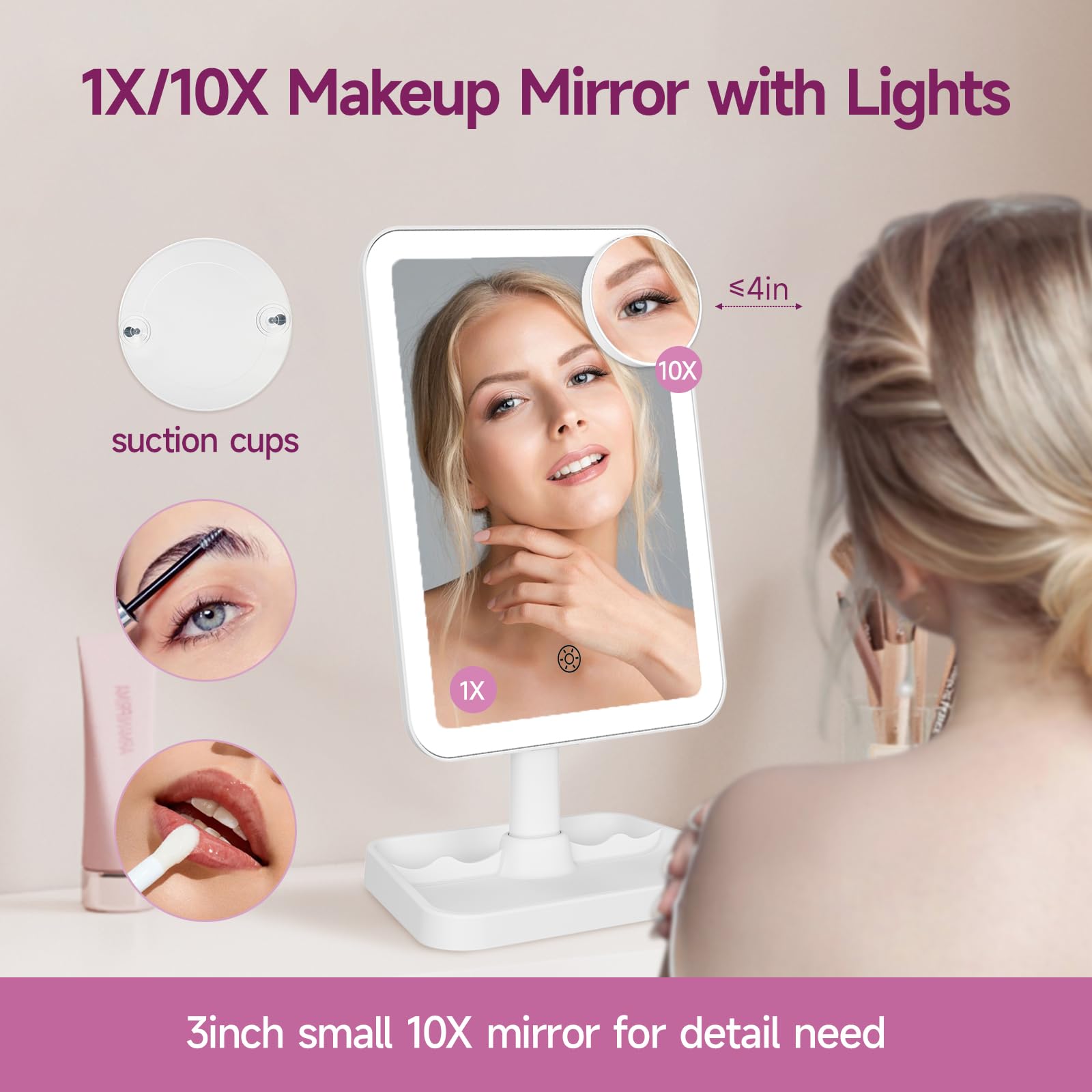 Funtouch 2000Mah Rechargeable Light Up Makeup Mirror With Lights,Make Up Mirror With 3 Color Lights And 3.5'' Detachable 10X Mag