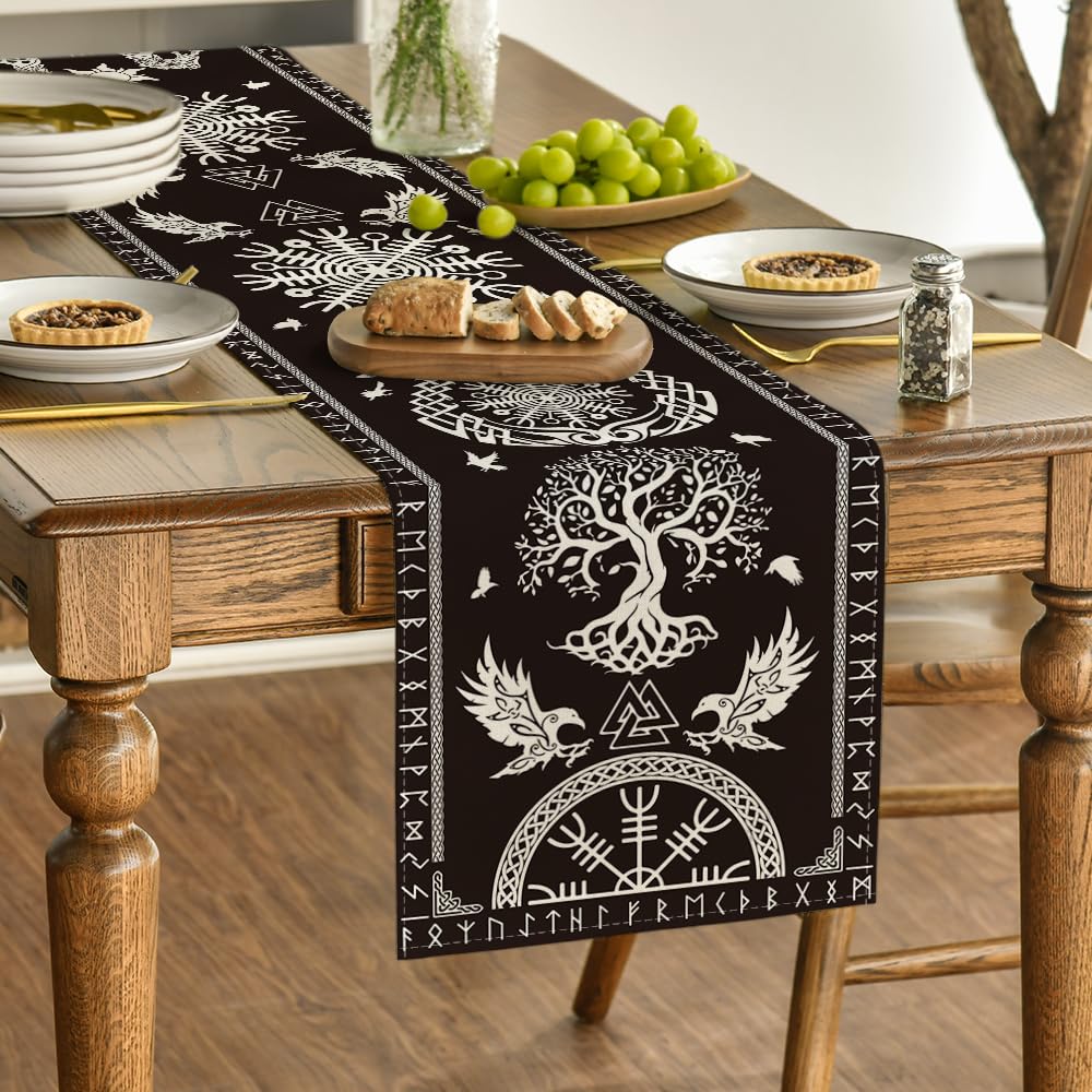 Artoid Mode Black Viking Tree Of Life Raven Helmet Of Awe Table Runner, Seasonal Kitchen Dining Table Decoration For Home Party