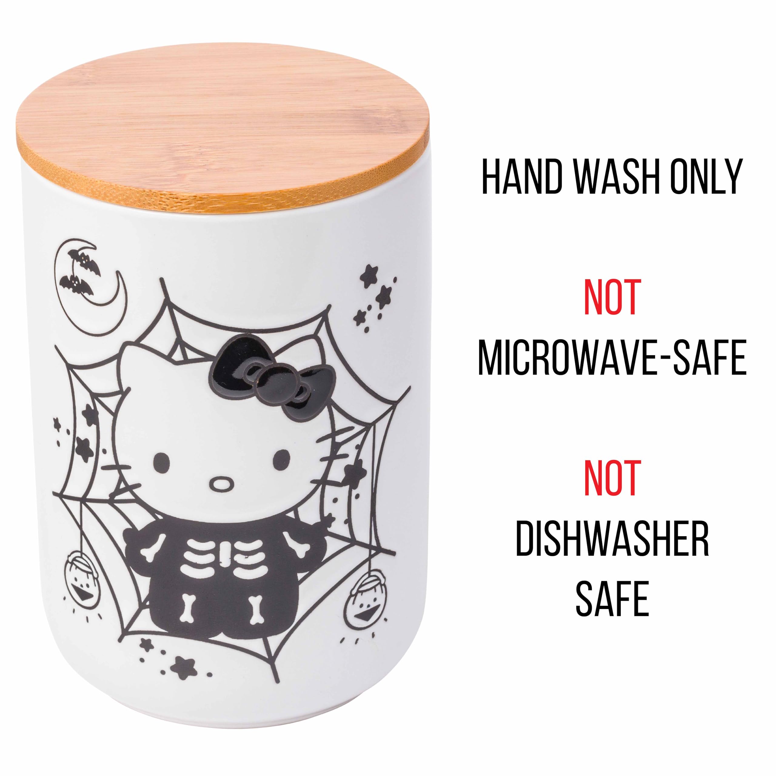 Silver Buffalo Sanrio Hello Kitty Halloween Spooky Skeleton Web Ceramic Cookie Snack Candy Jar With Airtight Bamboo Lid, Black A