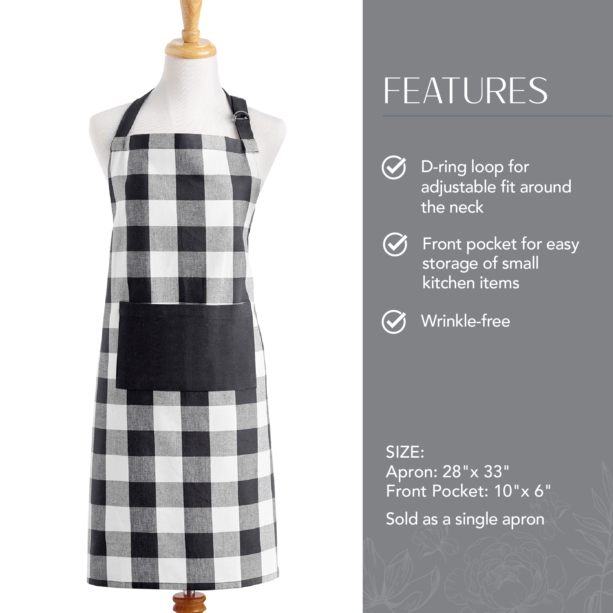 Elrene Home Fashions Farmhouse Living Buffalo-Check Kitchen Apron With Pocket, 28'' X 33'', Black/White