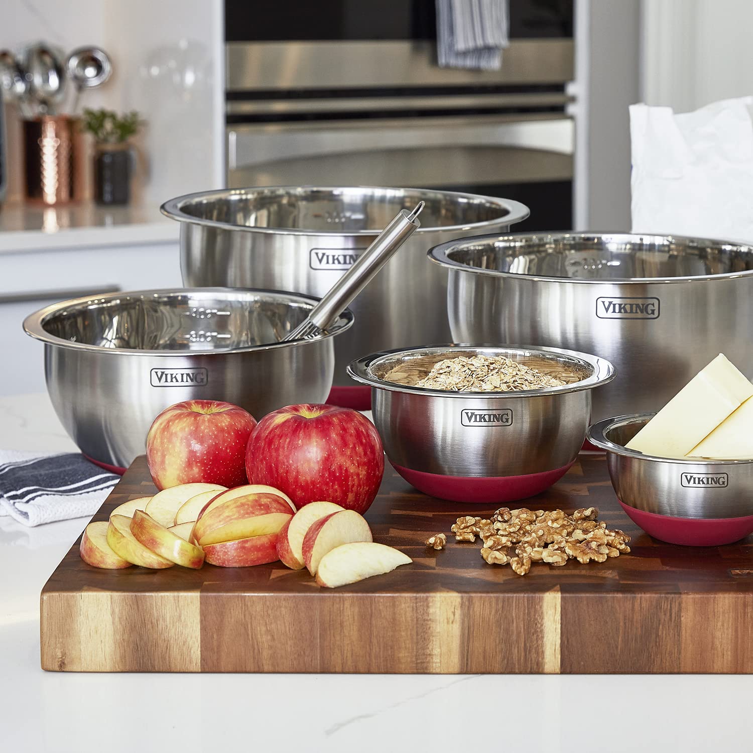 Viking Culinary Stainless Steel Mixing Bowl Set, 10 Piece, Non-Slip Silicone Base, Includes Airtight Lids, Dishwasher Safe, Red