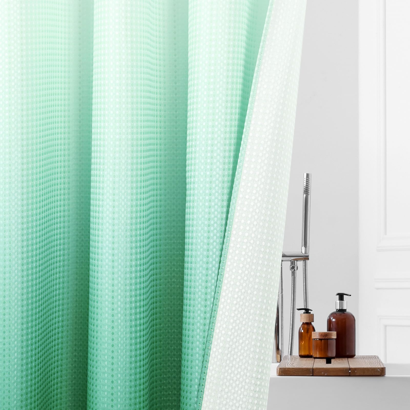 Mitovilla Teal Ombre Waffle Small Stall Shower Curtain 36 X 74, No Hooks Required Turquoise Half Size Narrow Fabric Cloth Shower
