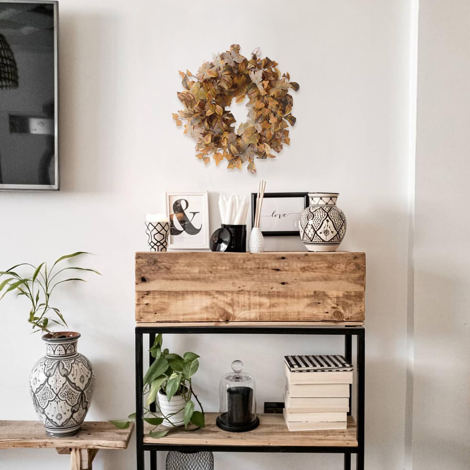 Egolot Fall Maple Leaves Wreath for Front Door, Autumn Natural Looking Sunset Yellow Maple Wreath for Indoor Outdoor, Rustic Far