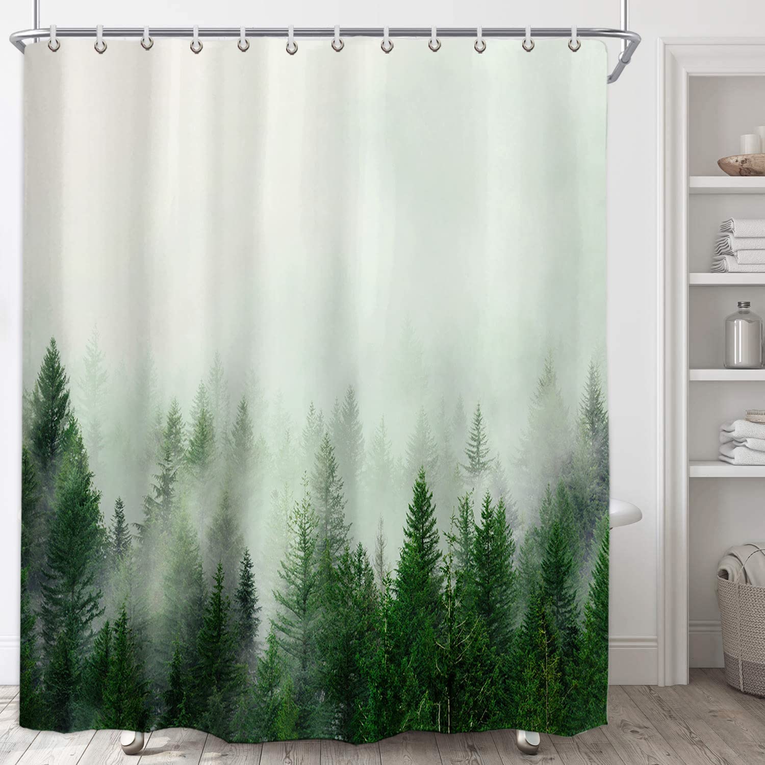 Ortigia Green Misty Forest Shower Curtains,Nature Woodland Shower Curtain,Fantasy Fog Magic Tree Bath Curtain For Bathroom,Fall