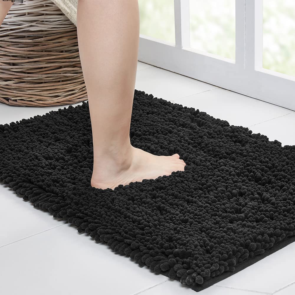 Walensee Bathroom Rug Non Slip Bath Mat (24X17 Inch Black) Water Absorbent Super Soft Shaggy Chenille Machine Washable Dry Extra