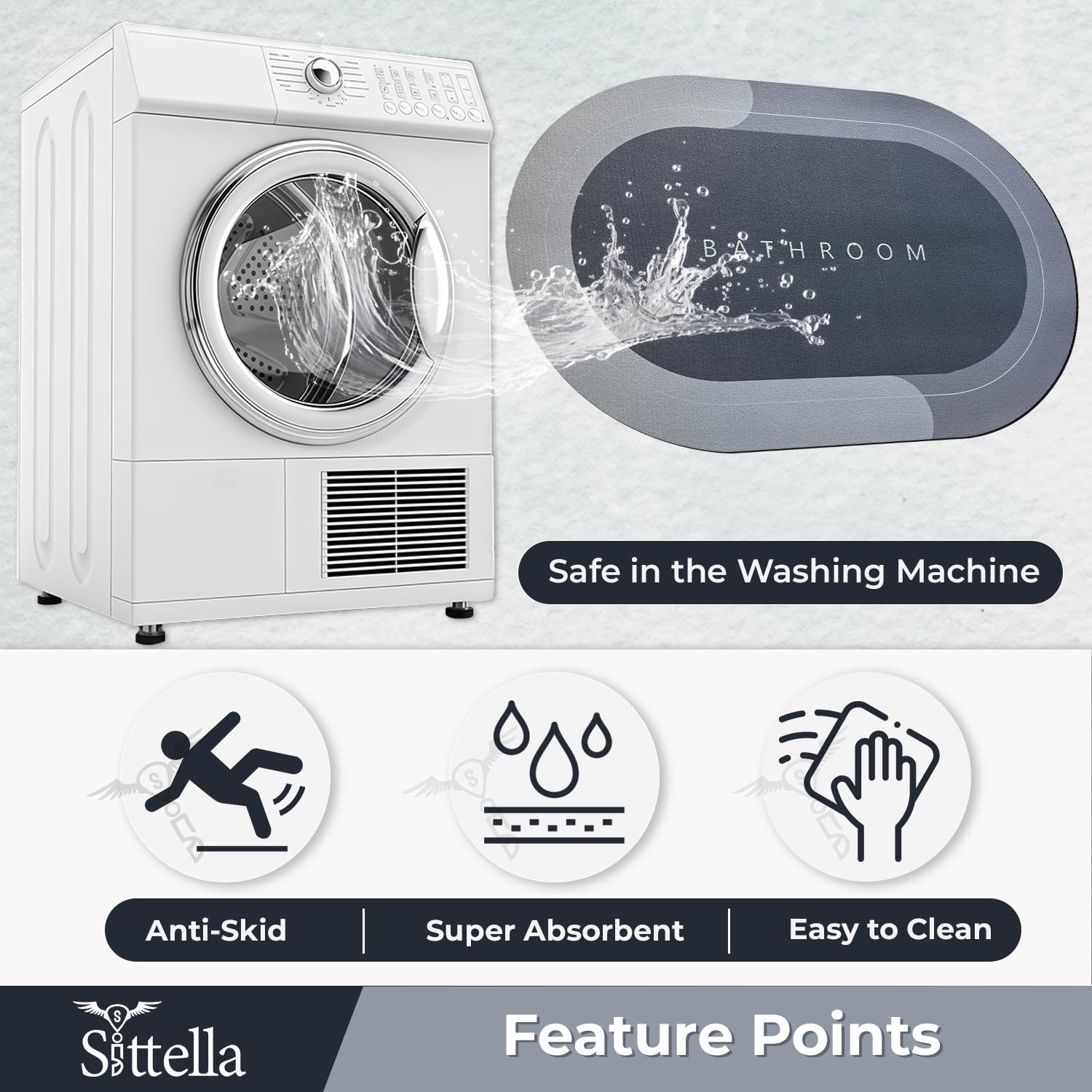 Sittella Rubber 3 Pieces (3.5Mm) Anti-Skid Water Soaking Bathroom Print Oval Door Mat, Water Absorbent Mat (40X60Cm) Grey