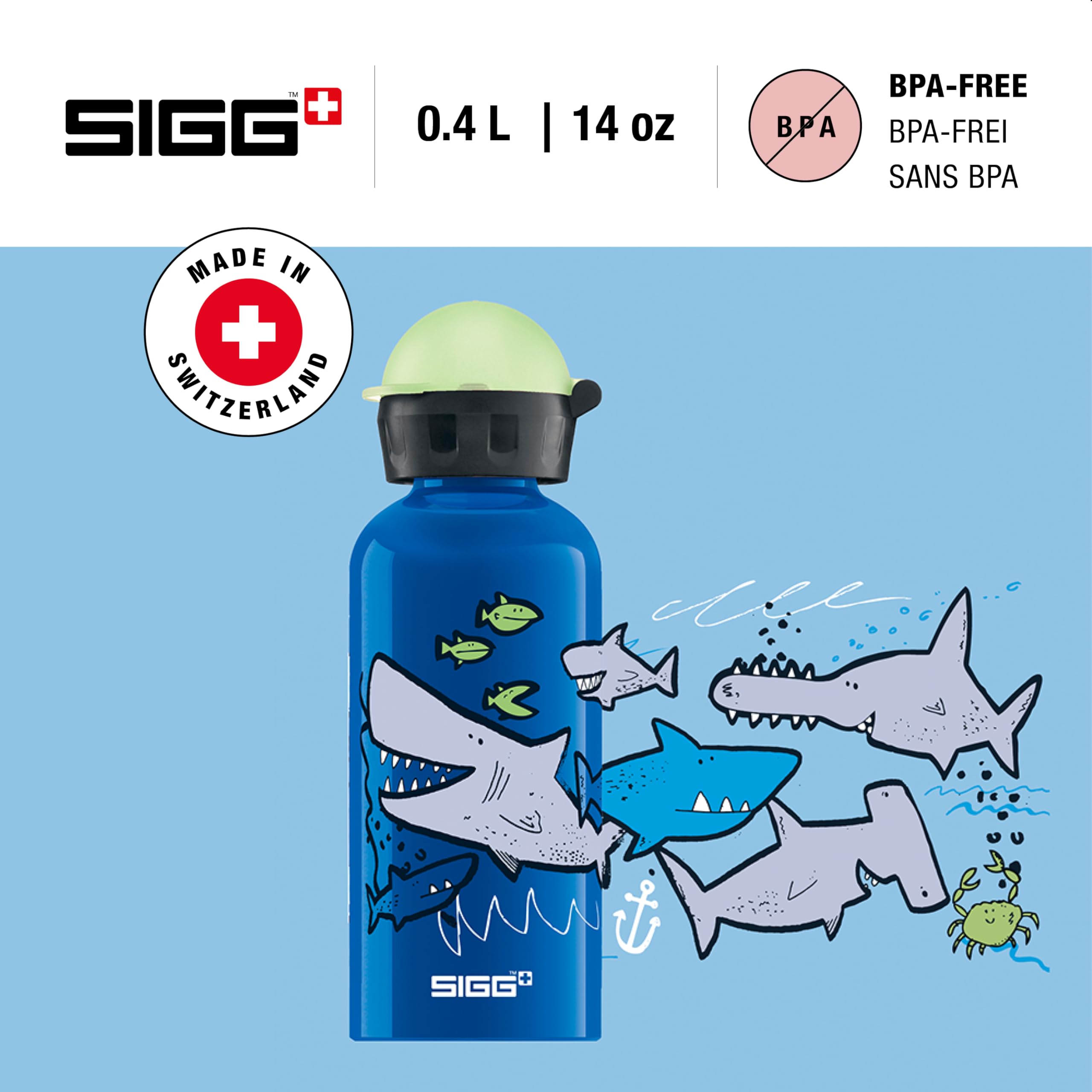 SIGG - Kids Water Bottle - Sharkies - Leakproof - Lightweight - BPA Free - Aluminum - 13 Oz