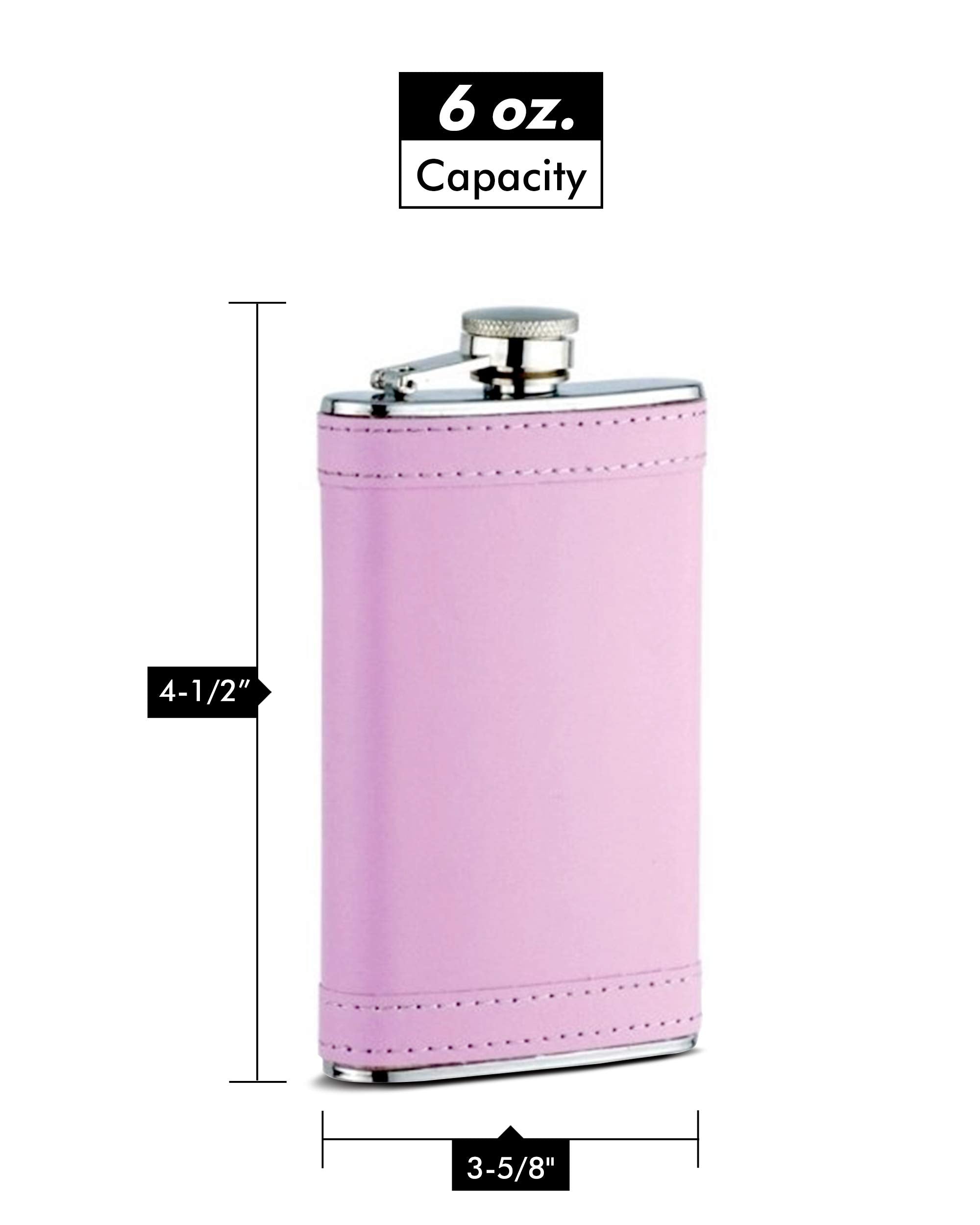 Leather Like Wrapped Hip Flask Holding 6 Oz - Pocket Size Stainless Steel Rustproof Screw-On Cap - Pink Finish Perfect For Engra