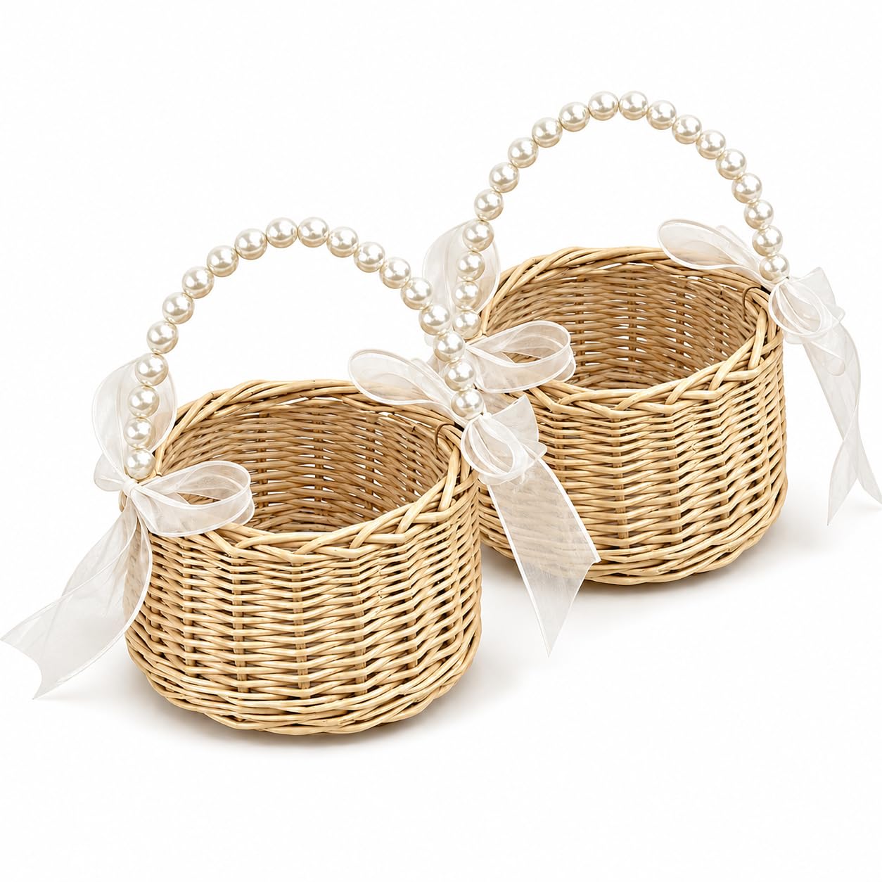 Flower Girl Basket Set of 2 for Wedding, Small Wicker Flower Girl Baskets with Pearl Handle & Bow, Handwoven Rustic Wedding Bask