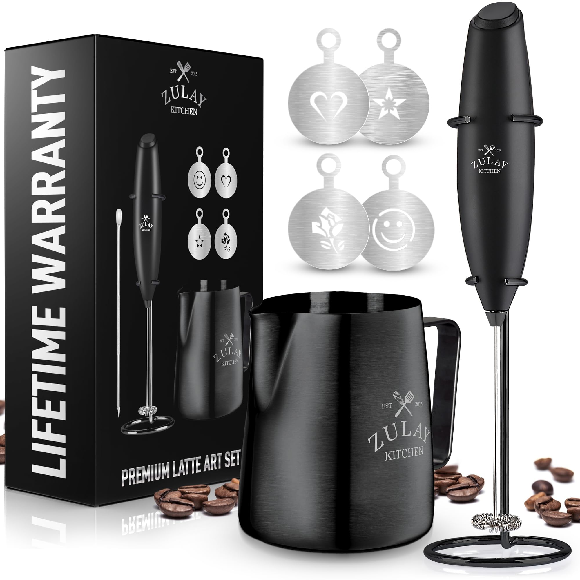 Zulay Kitchen Milk Frother Set - Latte Art Coffee Kit - Comes With Milk Frother Handheld, Stainless Steel Frothing Pitcher & Cof