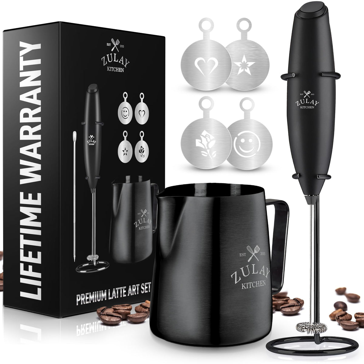 Zulay Kitchen Milk Frother Set - Latte Art Coffee Kit - Comes With Milk Frother Handheld, Stainless Steel Frothing Pitcher & Cof