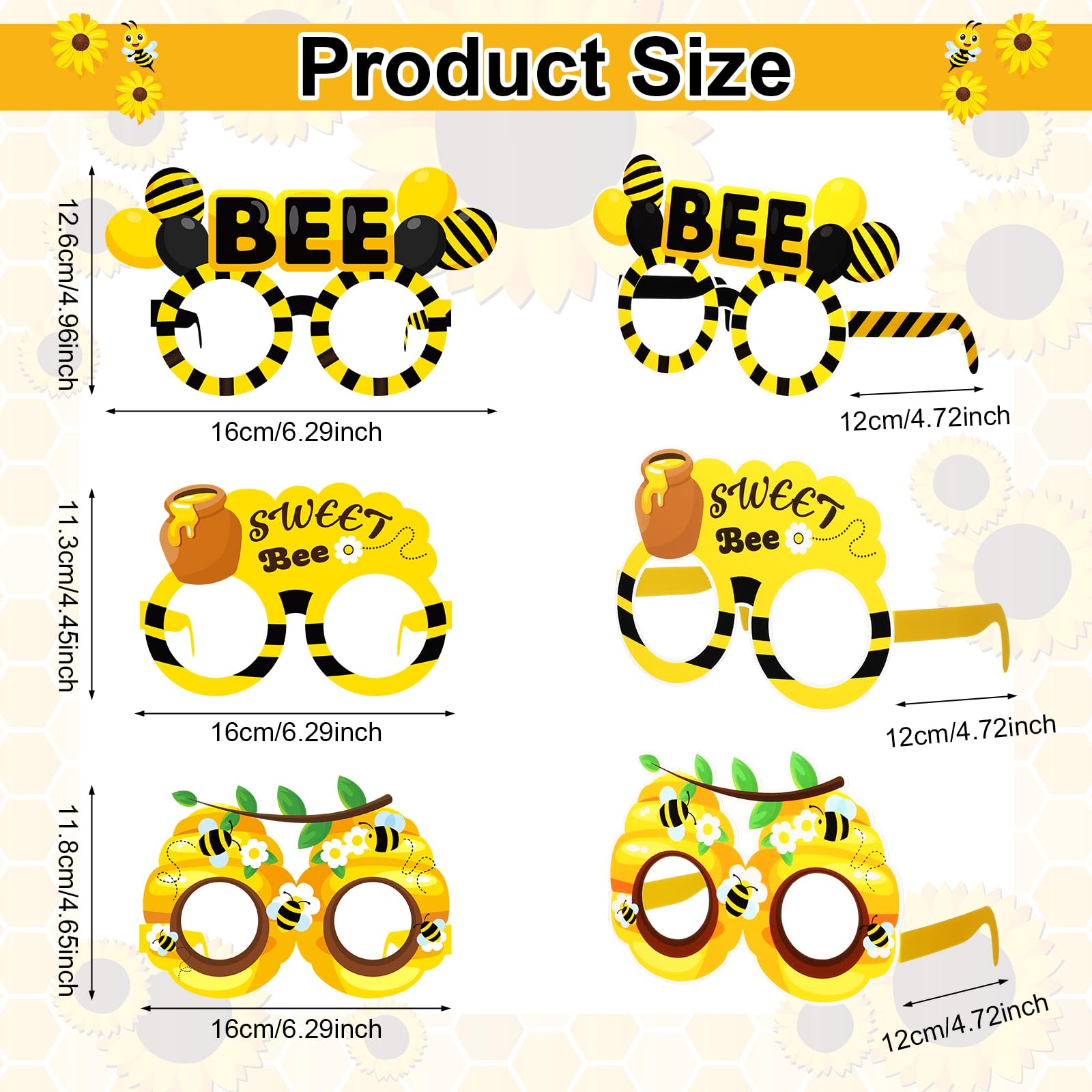 Threan 32 Pieces Bee Party Supplies Bulk Bee Glasses Honeycomb Sunflower Paper Eyeglasses for Summer Flower Birthday Party Baby