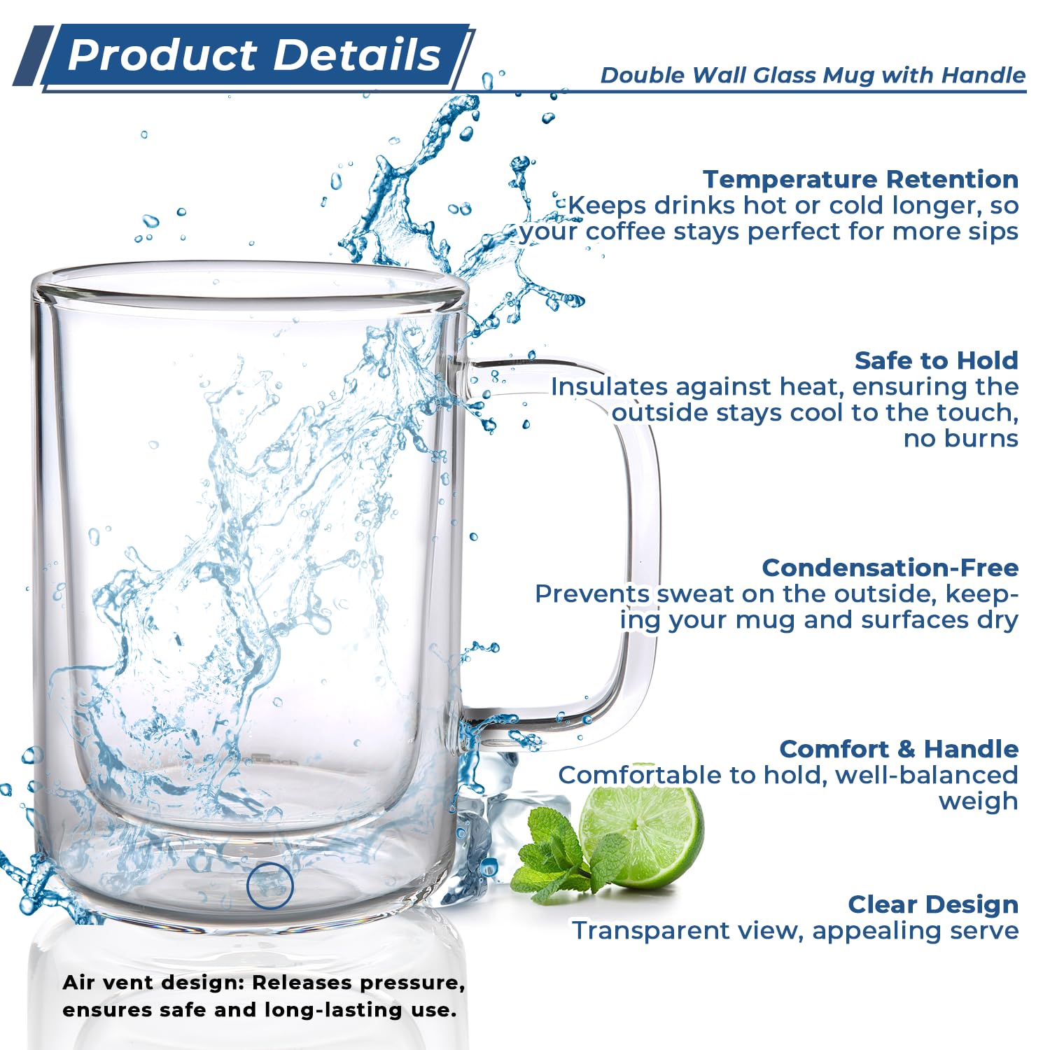 Aquach 12 Oz Double Walled Glass Coffee Mugs With Handle, 2-Pack - Ideal For Latte, Cappuccino And Tea