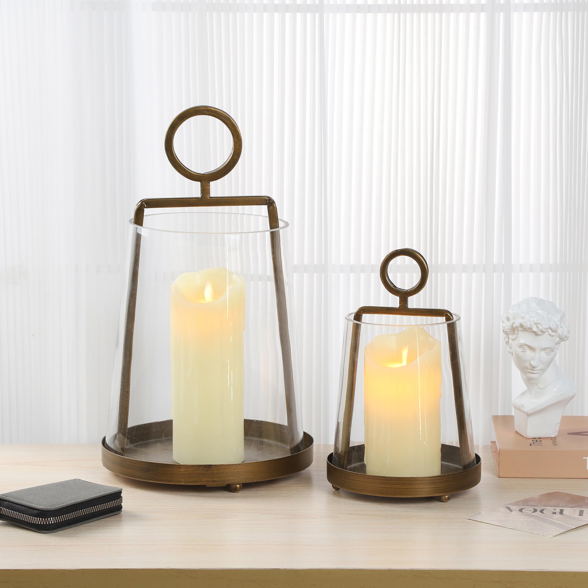 9 Wide Modern Metal Hurricane Lantern with Handmade Sturdy Glass Sleeve in Brass for Pillar Candle & Plants, Farmhouse Hurricane