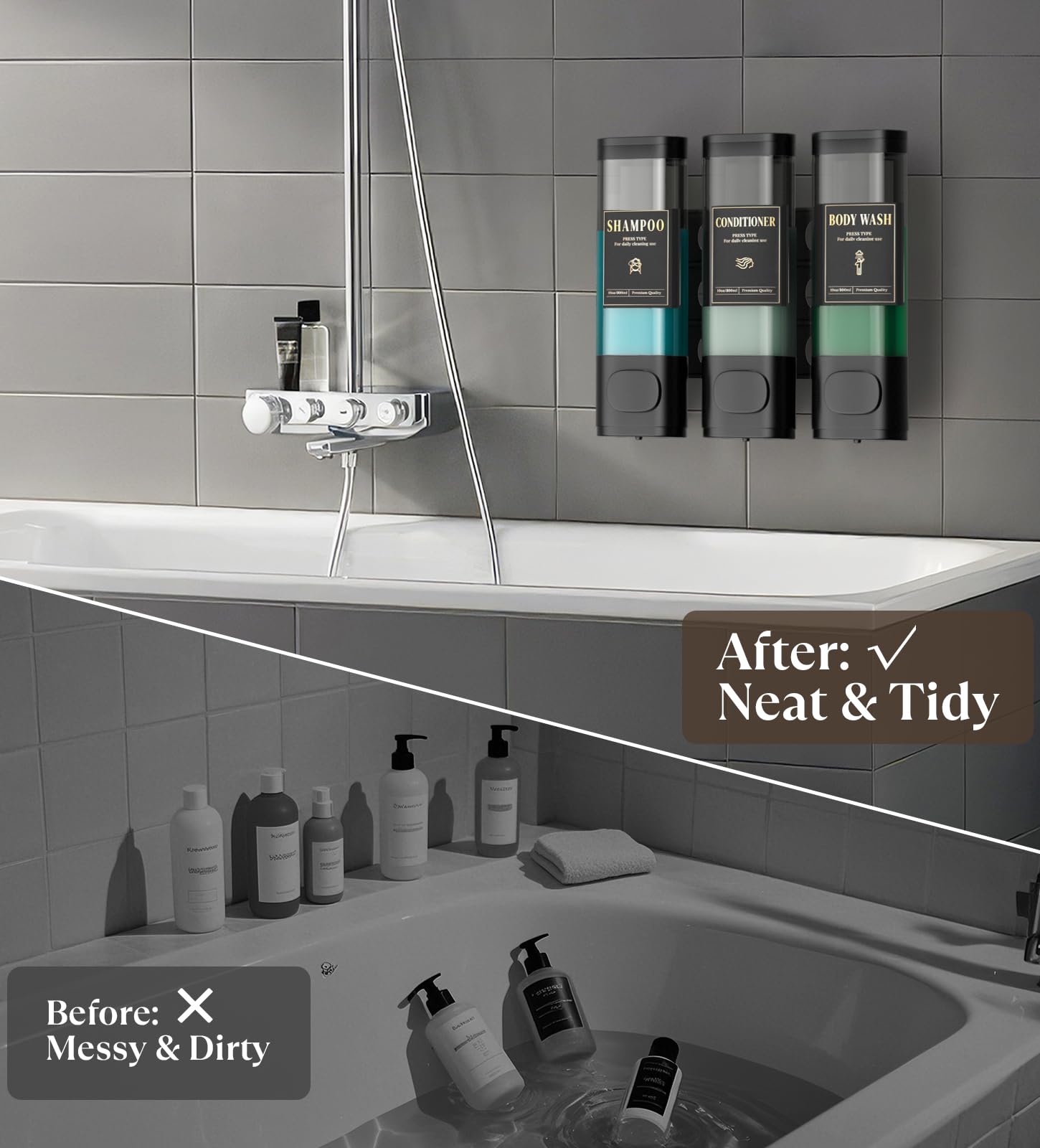 Luxspire Shampoo And Conditioner Dispenser, No Drill Wall Mounted Shower Soap Dispenser 3 Chamber With Waterproof Labels, Easy R