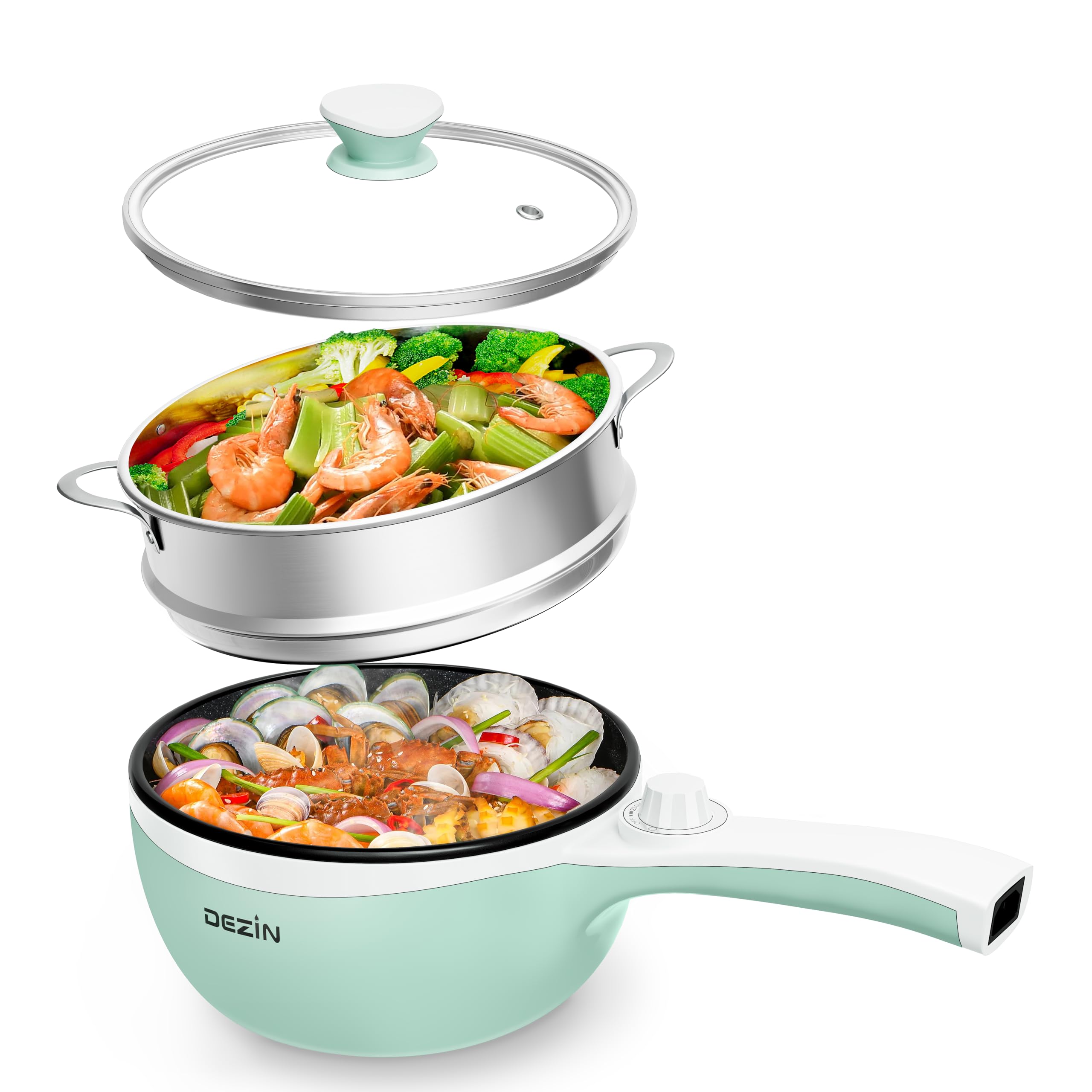 Dezin Hot Pot Electric With Steamer Upgraded, Non-Stick Saut   Pan, Rapid Noodles Electric Pot, 1.5L Mini Pot For Steak, Egg, Fr