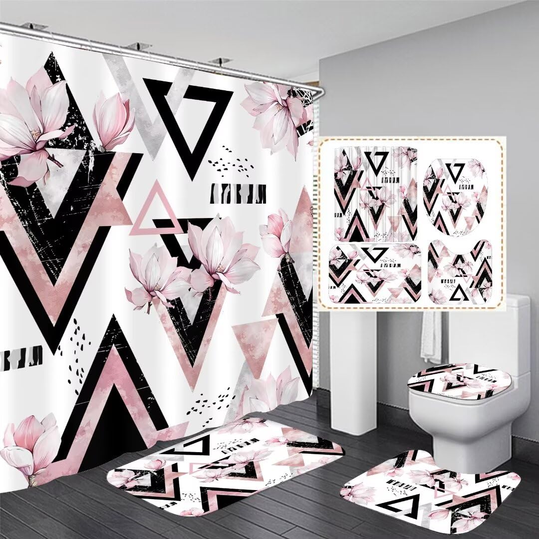 Xswpl Shower Curtain Set With Rugs 4Pcs Pink Bathroom Sets With Shower Curtain And Rugs Modern Geometric Bathroom Sets Waterproo