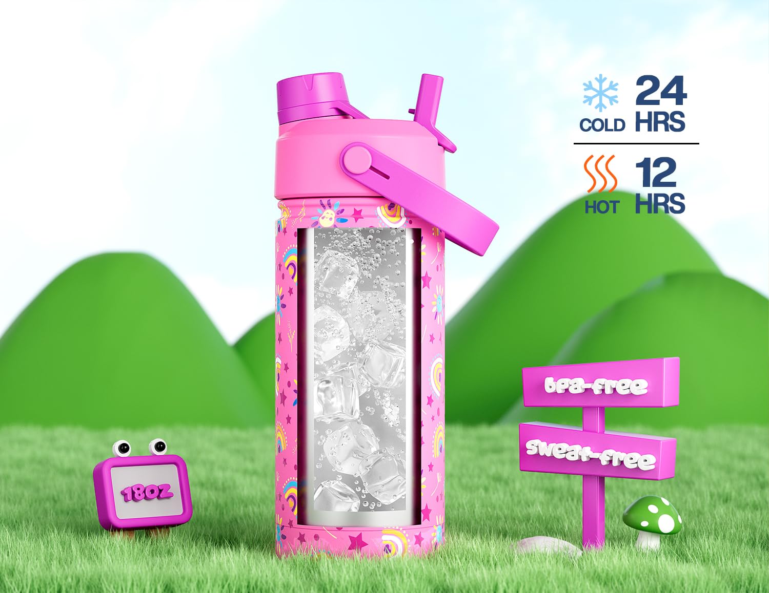 18 oz Kids Insulated Water Bottle: BPA-Free, Easy Clean, Keep Cold 24H, Leakproof, Stainless Steel Cup, Unique Patterns, Dual-Fu