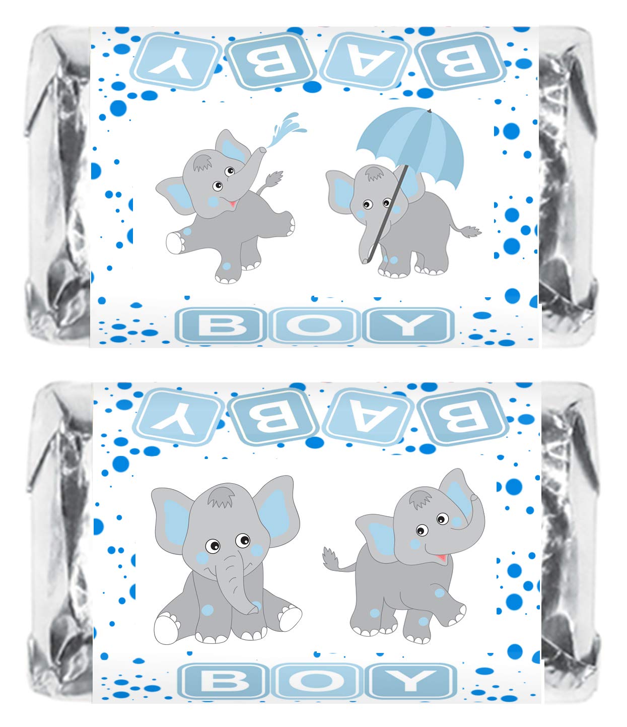 60 Elephants Blue Boy Baby Shower Miniatures Candy Bar Wrapper, Its A Boy Baby Shower Mini Candy Bar Stickers, Blue Decorations,