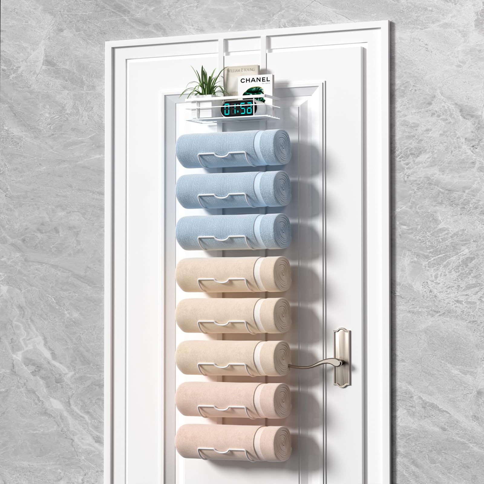 Xstydes 9-Tier Over The Door Towel Rack,Towel Racks For Bathroom, Metal Towel Holder With Storage Basket,Towel Rack For Rolled T