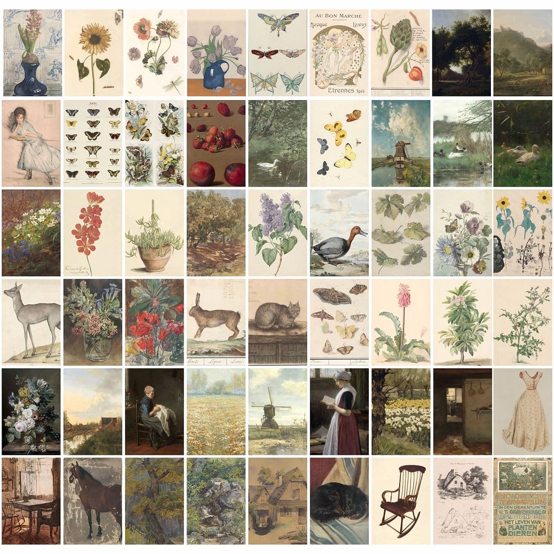 Cvanu Set Of 54 Botanical Art Aesthetic Picture Printed On Poster Wall Collage Kit With Glue Dot Tape For Wall Decor (6Inchx4Inc