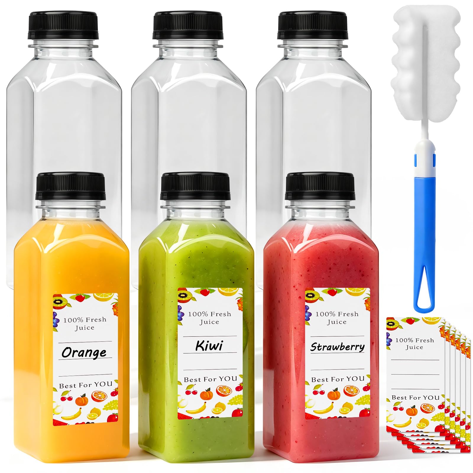 srmxllsy 6Pack 12oz Plastic Juice Bottles with Caps,Reusable FoodGrade