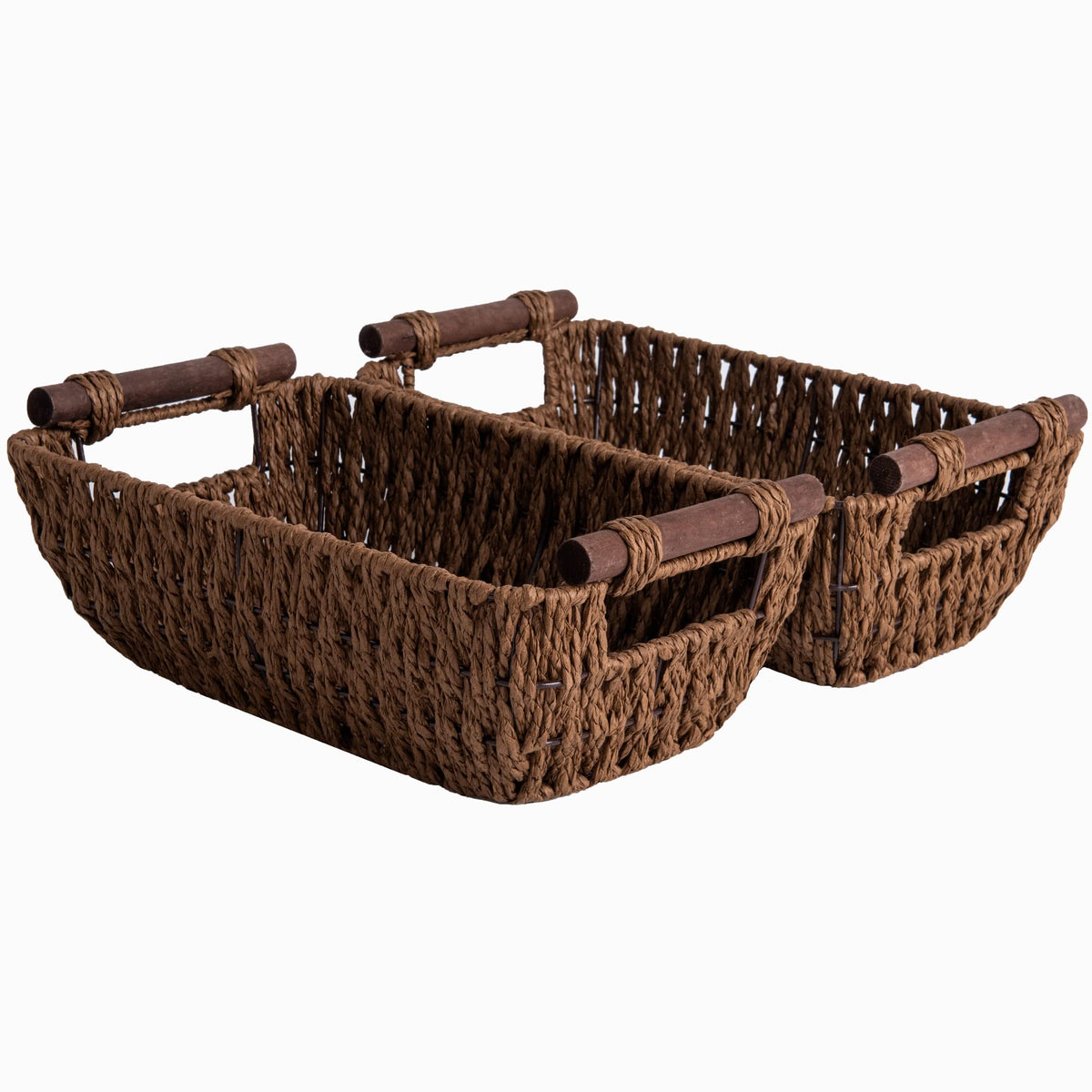 Storageworks Handwoven Small Wicker Baskets, Round Paper Rope Storage Baskets With Wooden Handles, Dark Brown, 2-Pack