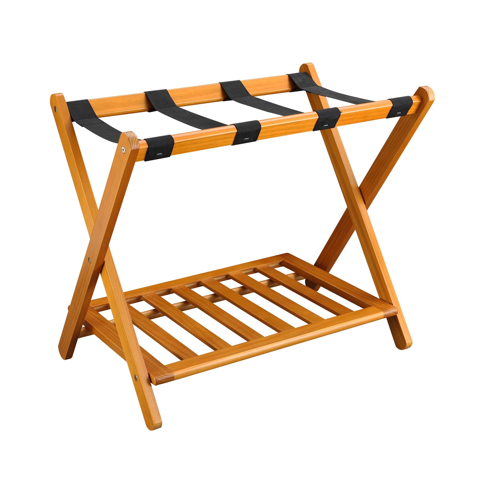 Casual Home Foldable Solid Wood Fully-Assembled Luggage Rack, 26.75Wide with Shelf, Honey Oak